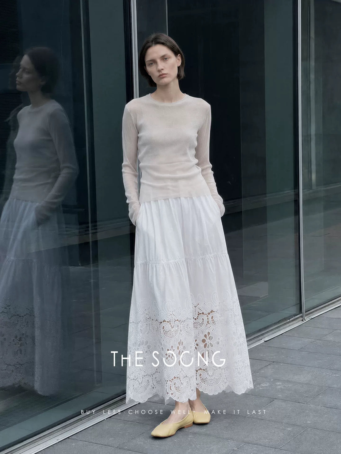 THESOONG/白色苎麻棉水溶镂空刺绣半身裙女高腰显瘦A字长裙9414