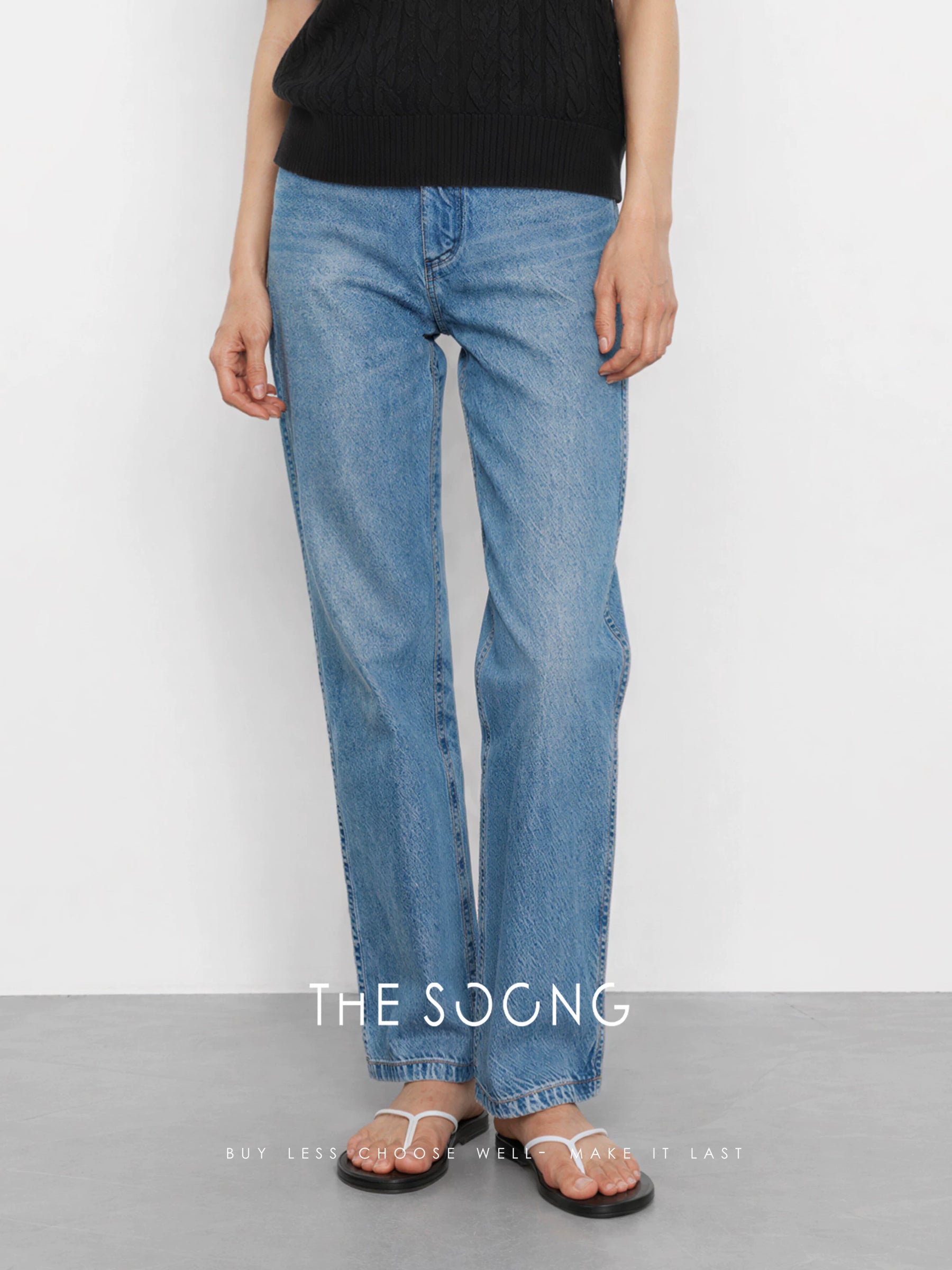 THESOONG / Italian Stretch Pure Cotton Nine-point Slim Fit Thick Washed Mid-waist Non-stretch Blue Jeans 7569