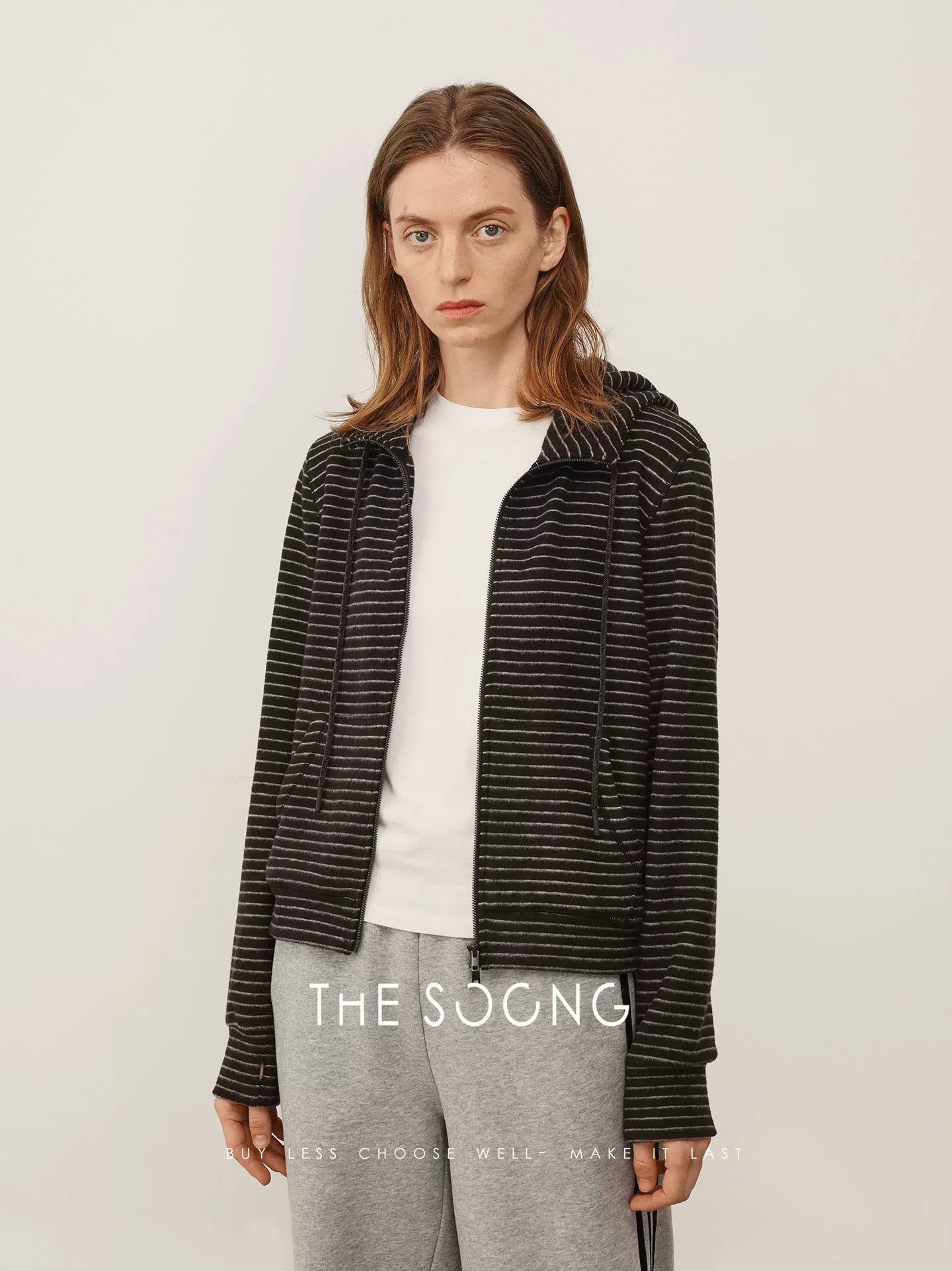 THESOONG / Wool and Fleece Self-Heating Shrink Temperature Adjustable Zipper Hoodie Striped Short Cardigan Sweatshirt Jacket for Women