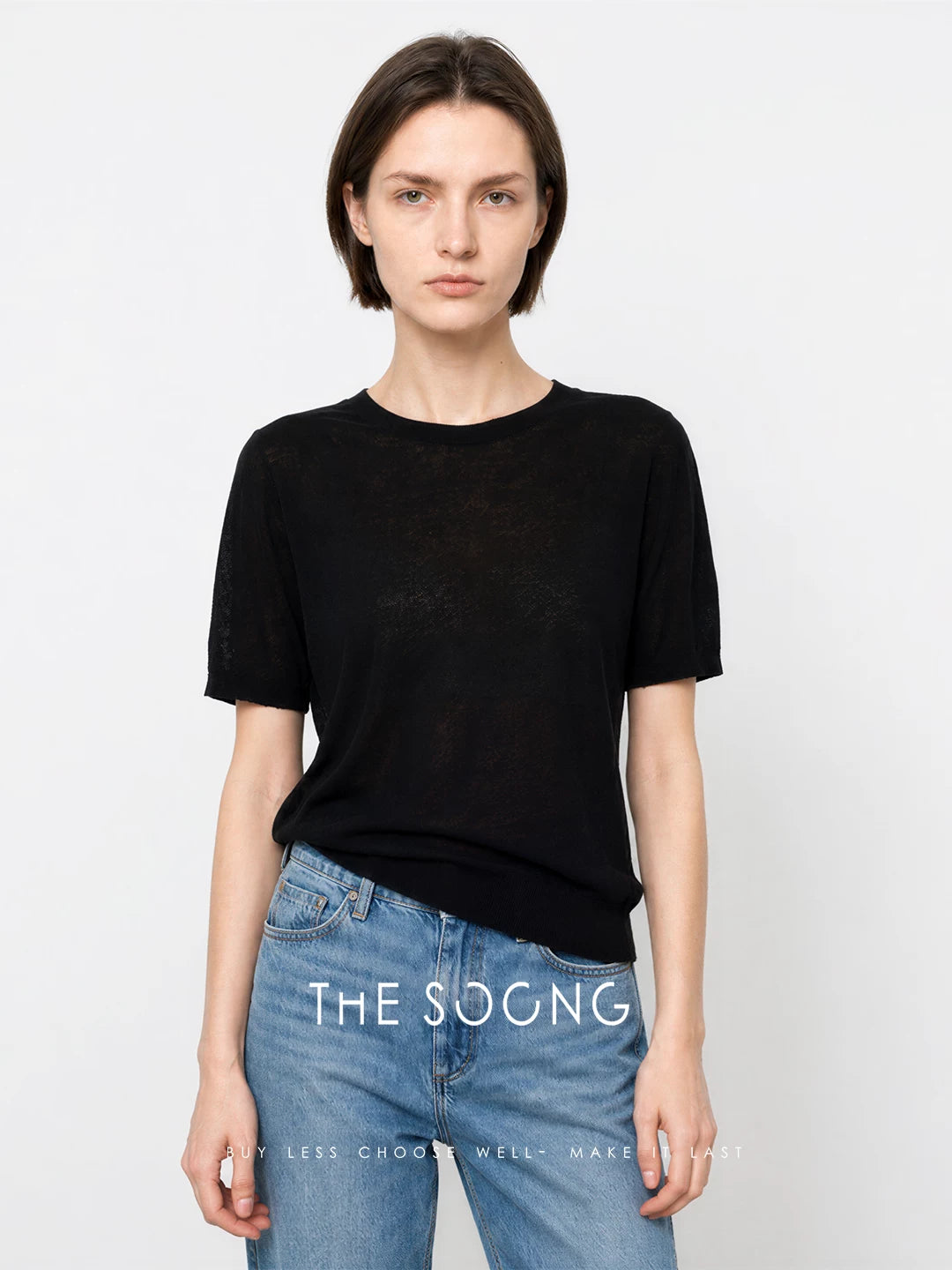 THESOONG/15-gauge high-density woven linen-cotton blend machine washable short-sleeve knit top for women, thin summer style 9405