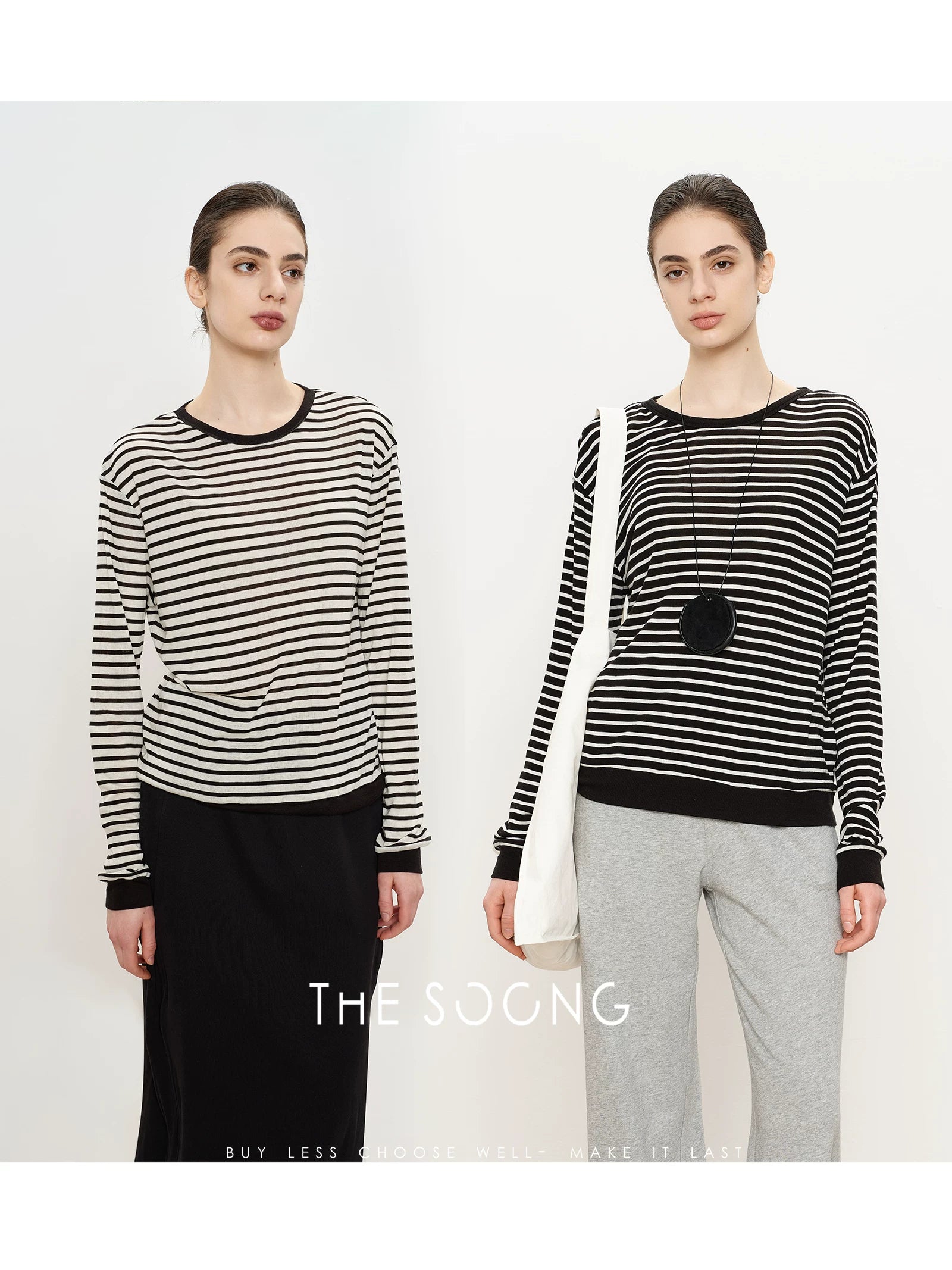 THESOONG/Line Aesthetics Zebra Stripe High-Weave Tencel Wool Summer Thin Long Sleeve Round Neck T-Shirt 2946