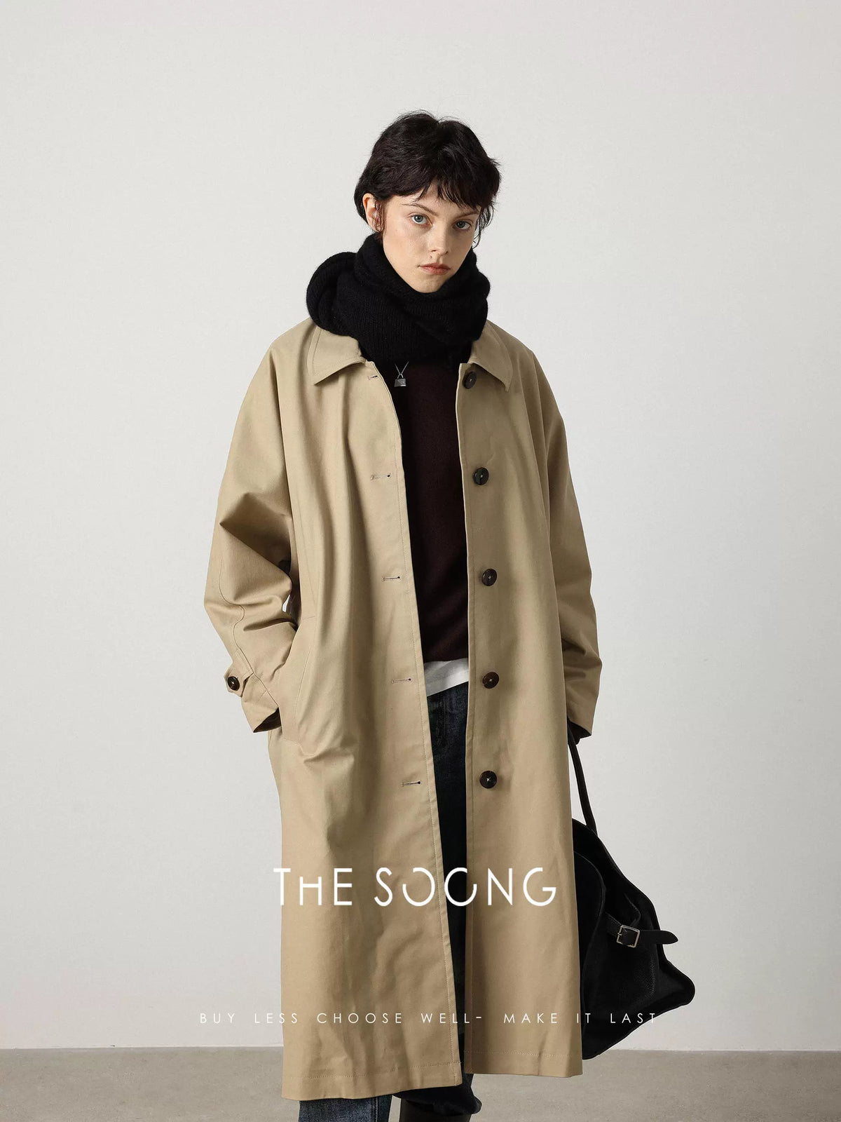 THESOONG / Old Milan 365g Woven Fabric Long Trench Coat Simple Horn Button Khaki Coat