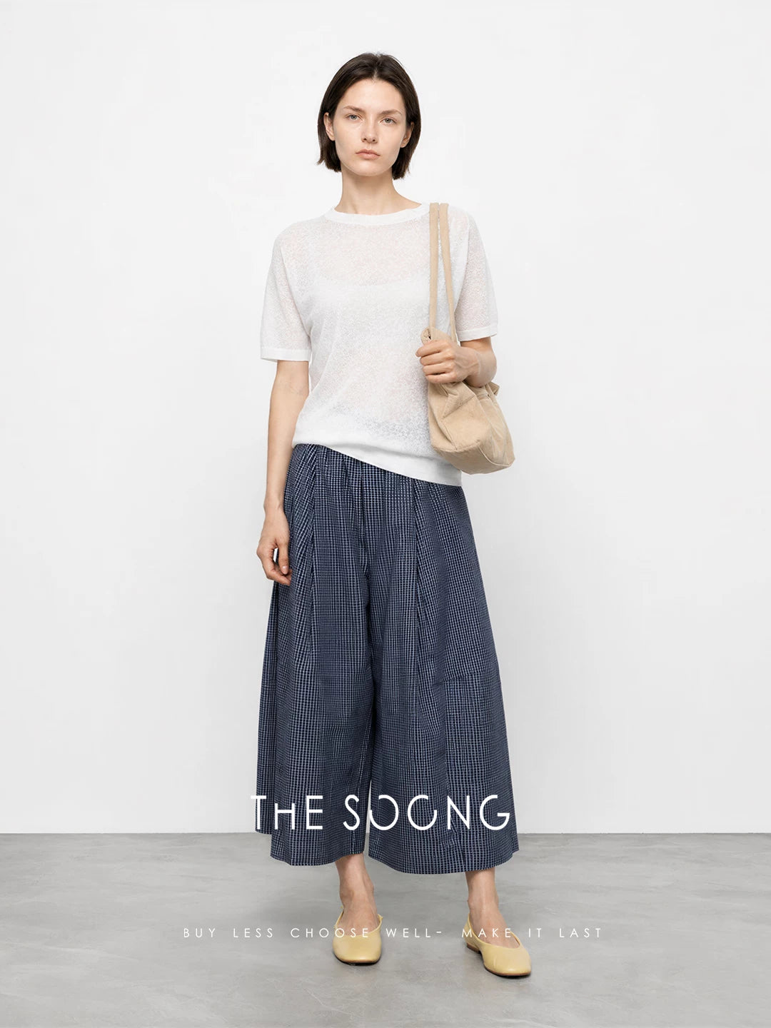 THESOONG/15-gauge high-density woven linen-cotton blend machine washable short-sleeve knit top for women, thin summer style 9405