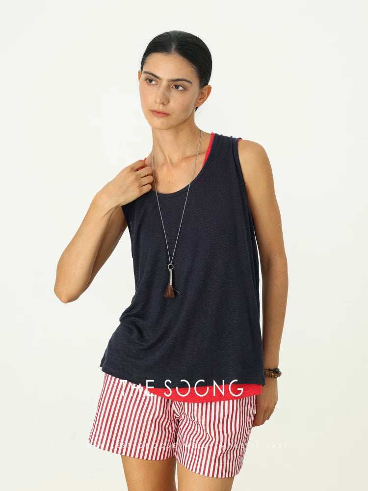 THESOONG/Foggy Light Gauze Summer Pure Linen Lightweight Breathable Texture U-Neck Thin Women's Vest 6826
