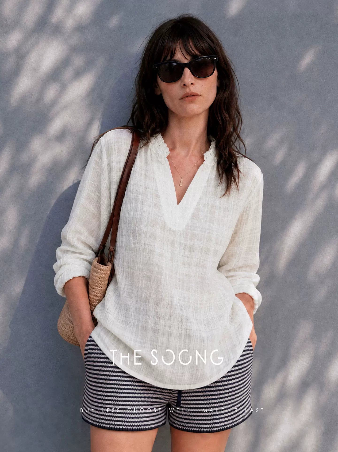 THESOONG/Soft Light Texture Tencel Linen Three-Dimensional Plaid Handmade Gathered V-Neck Long Sleeve Shirt for Women 8762