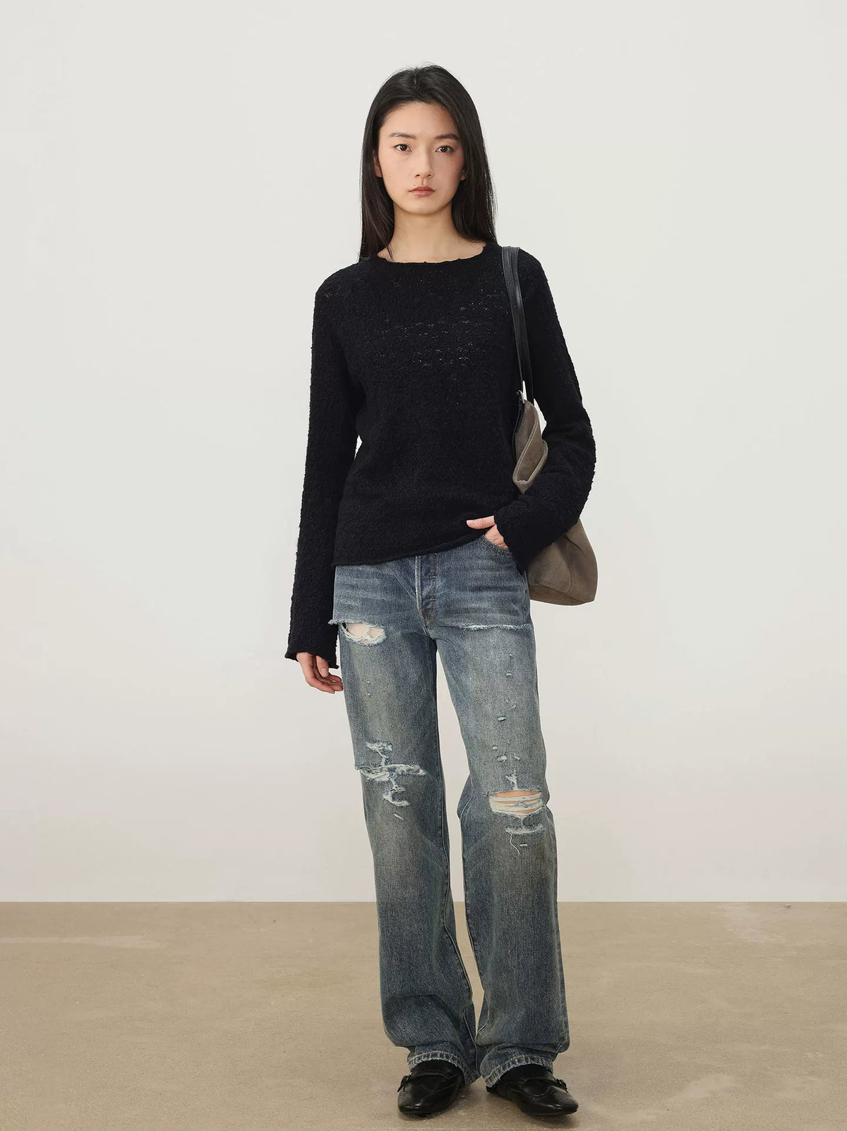 THESOONG/Salt-style well-regarded straight-leg jeans for women, irregular pull-out yuppie distressed distressed high-waisted 7427