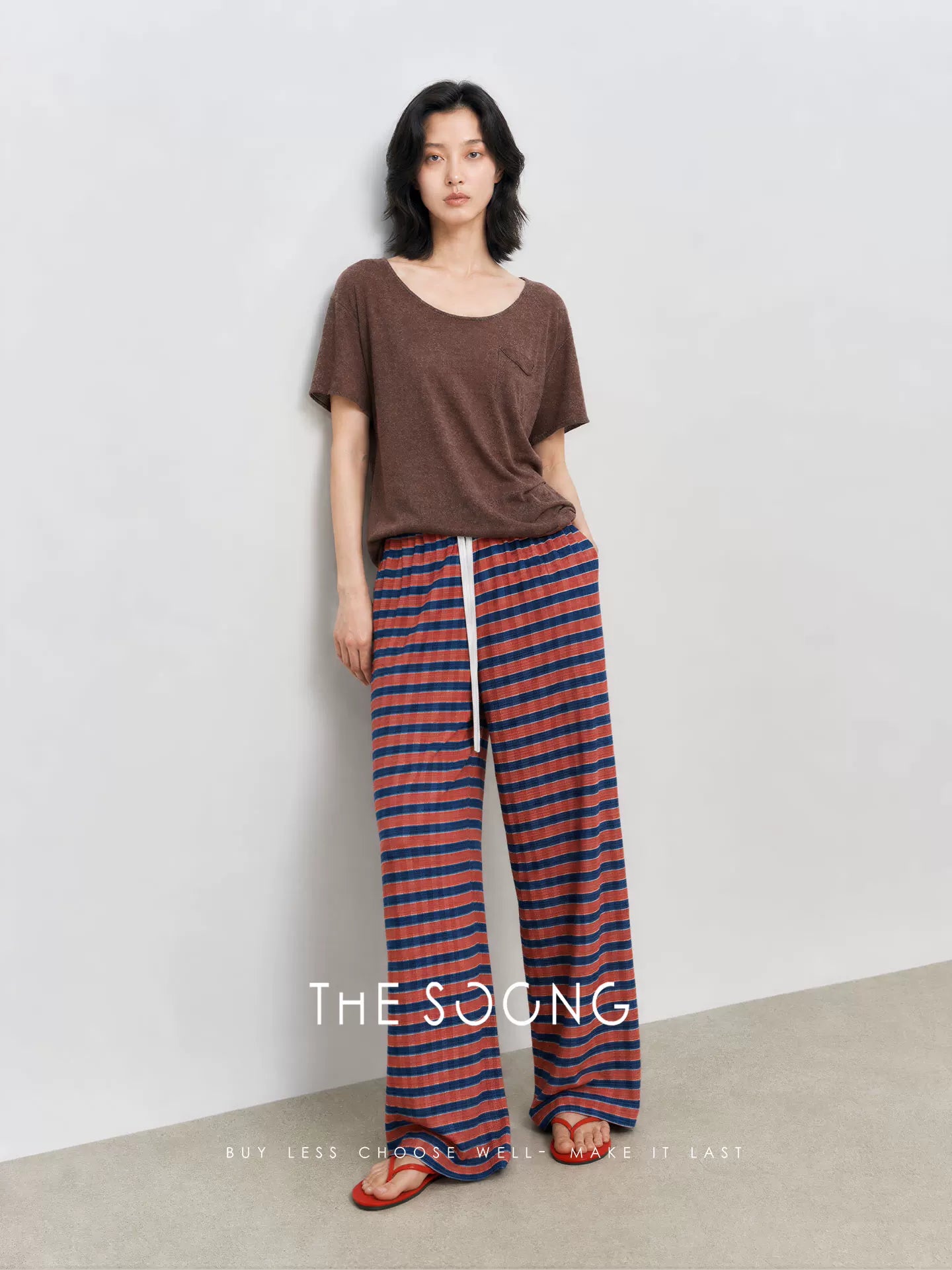 THESOONG/Red and Blue Plaid Straight-Leg Pants for Women, Summer Thin Eco-Dye Recycled Fiber Long Pants HWKZ9315