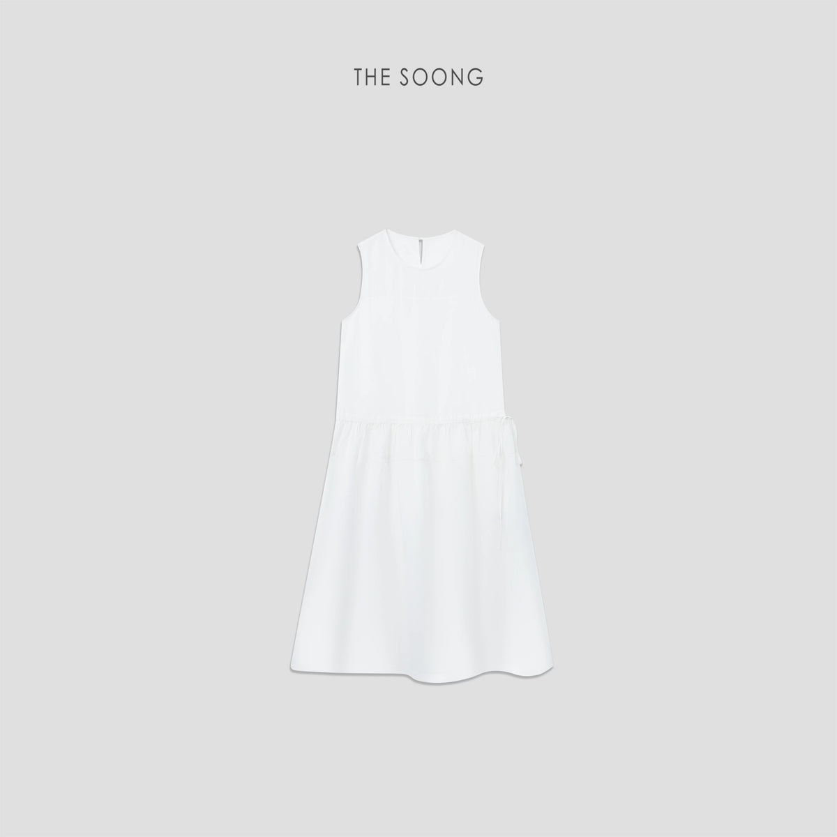 THESOONG/Summer Linen-Cotton Tencel Drawstring Waist-Cinching Black-and-White Sleeveless Dress for Women HWQZ9370