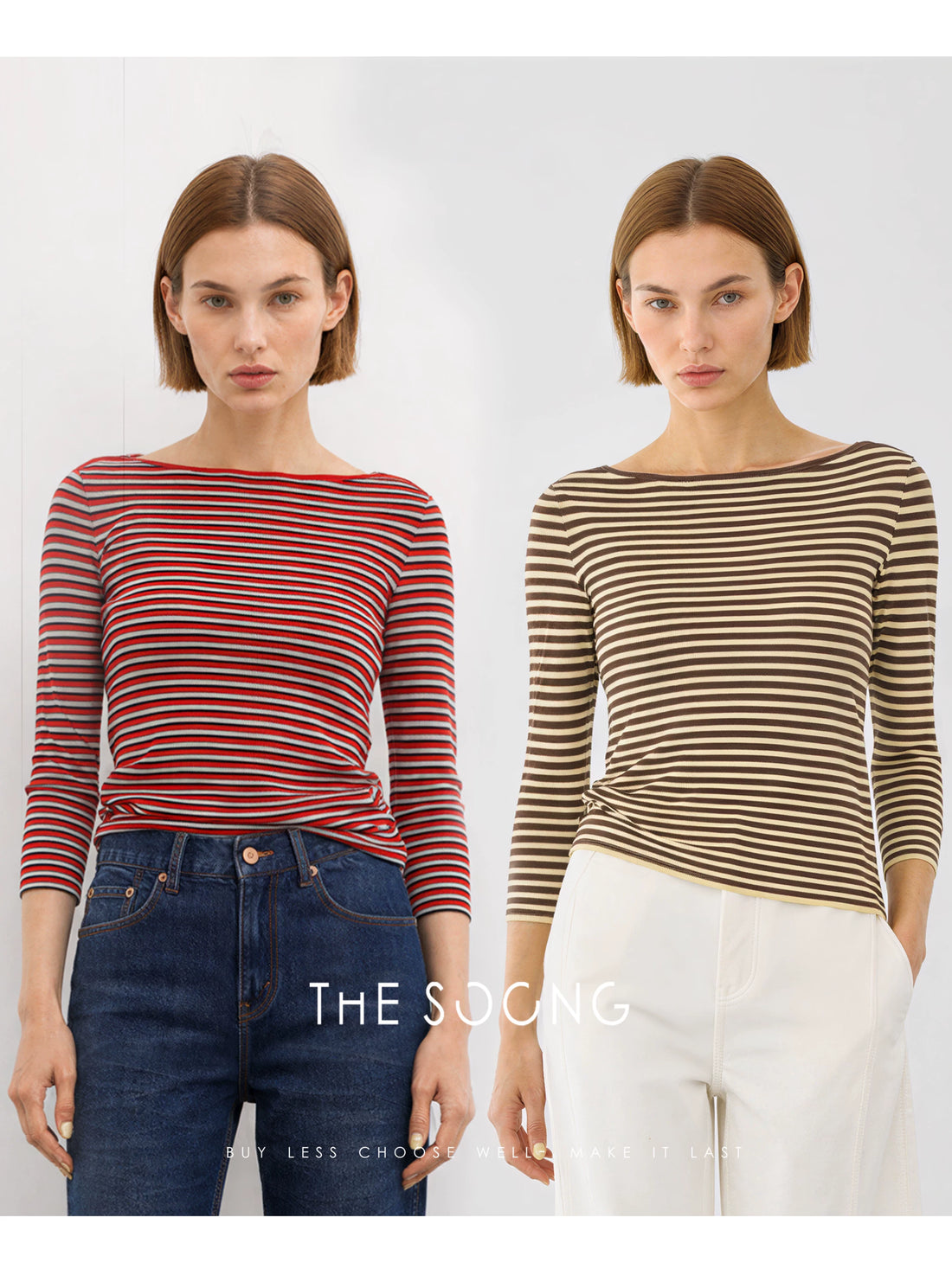 THESOONG/Xiwen Selected Acetate Long-Staple Cotton High-Count Blend, Lightweight Boat Neck Striped Sweater for Women 9103