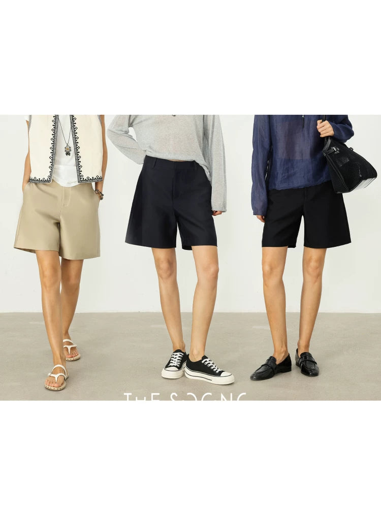THESOONG/Silk-wool shorts Mulberry silk and wool breathable summer mid-waist casual Bermuda shorts 6468