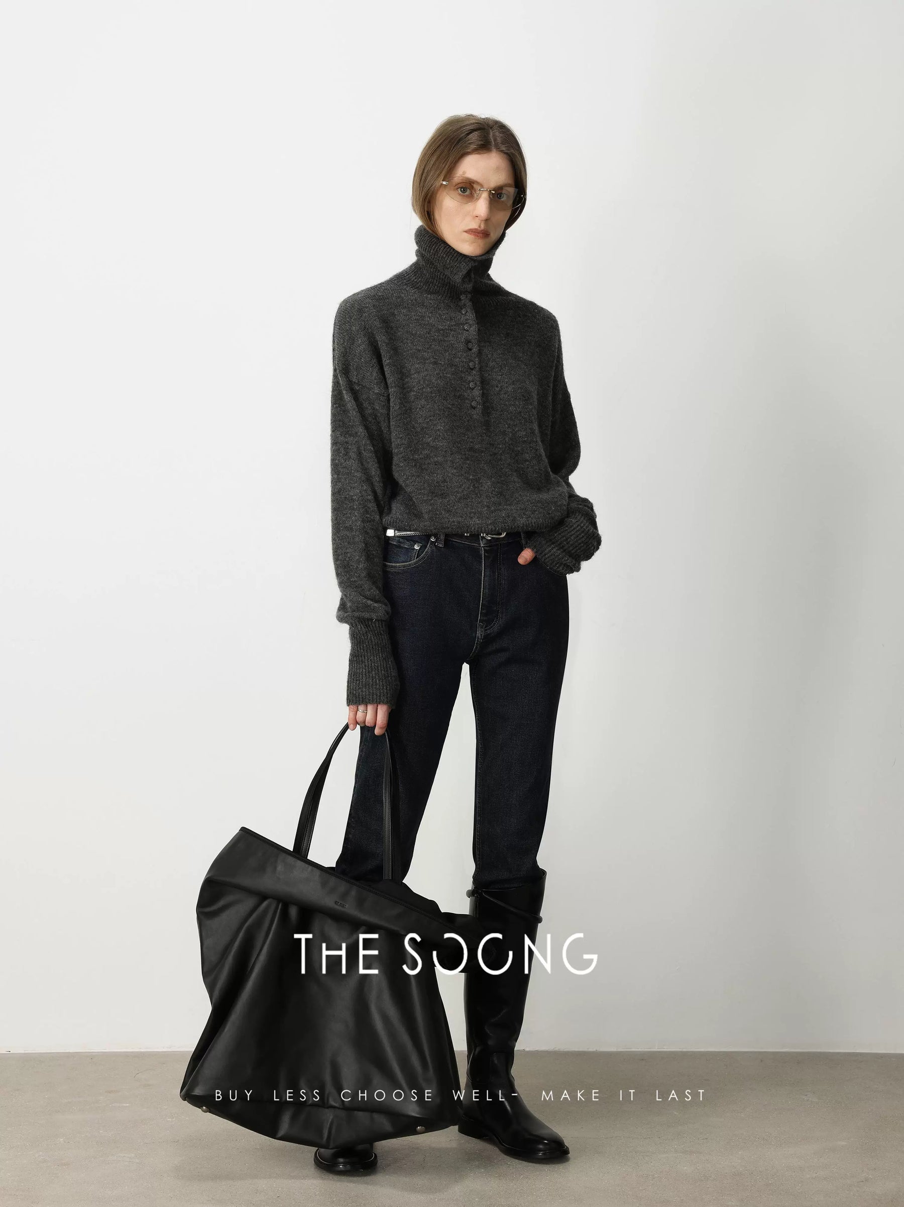 THESOONG / Calfskin High Boots Stylish Autumn and Winter Versatile Leg-Lengthening Round Toe Riding Boots for Women 6012