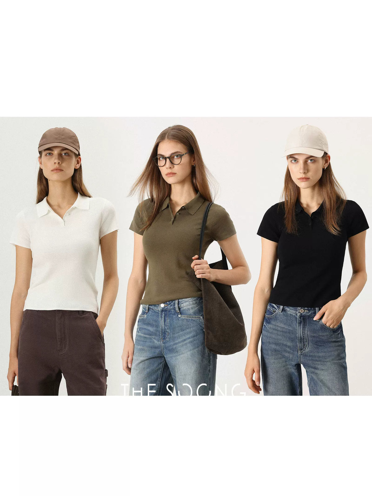 THESOONG / 100% pure cotton double-yarn interwoven women's short sleeve T-shirt, versatile polo Henry shirt 7375
