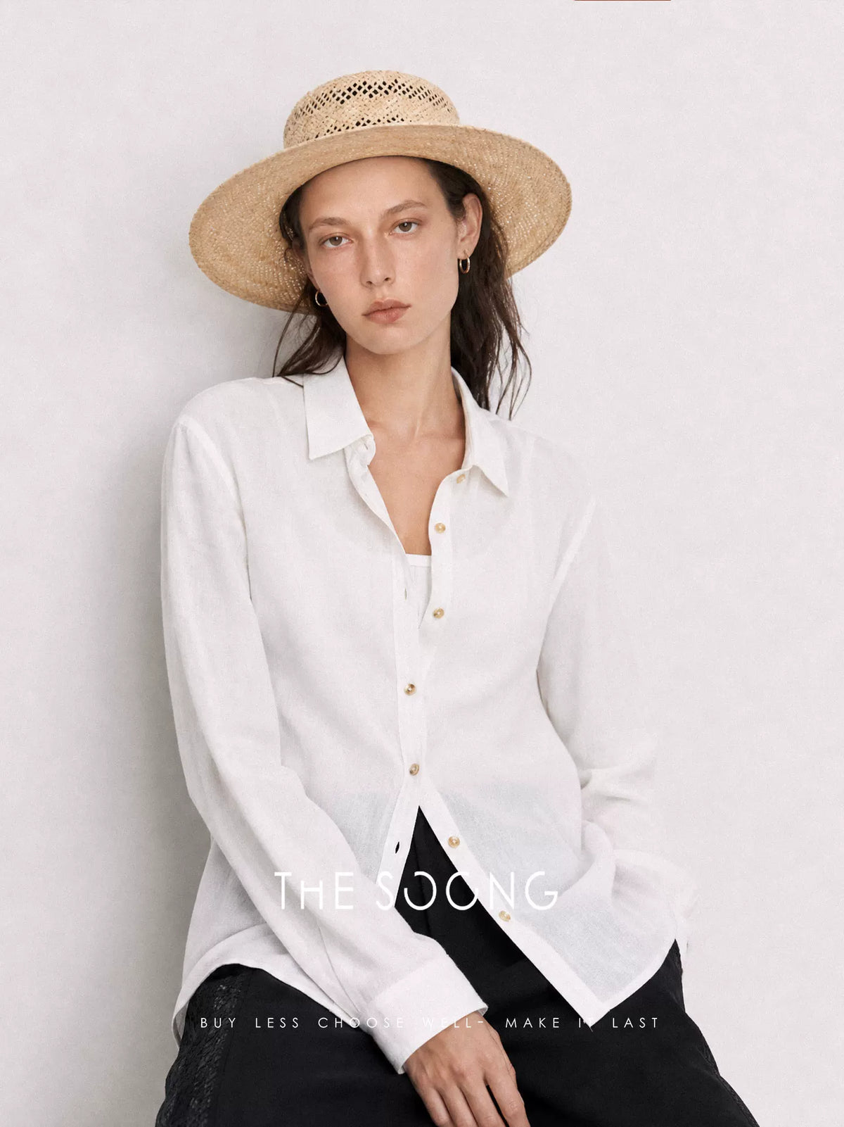 THESOONG/Minimalist 100% Cotton French Polo Collar Side Seam Thin Shirt for Women 8865