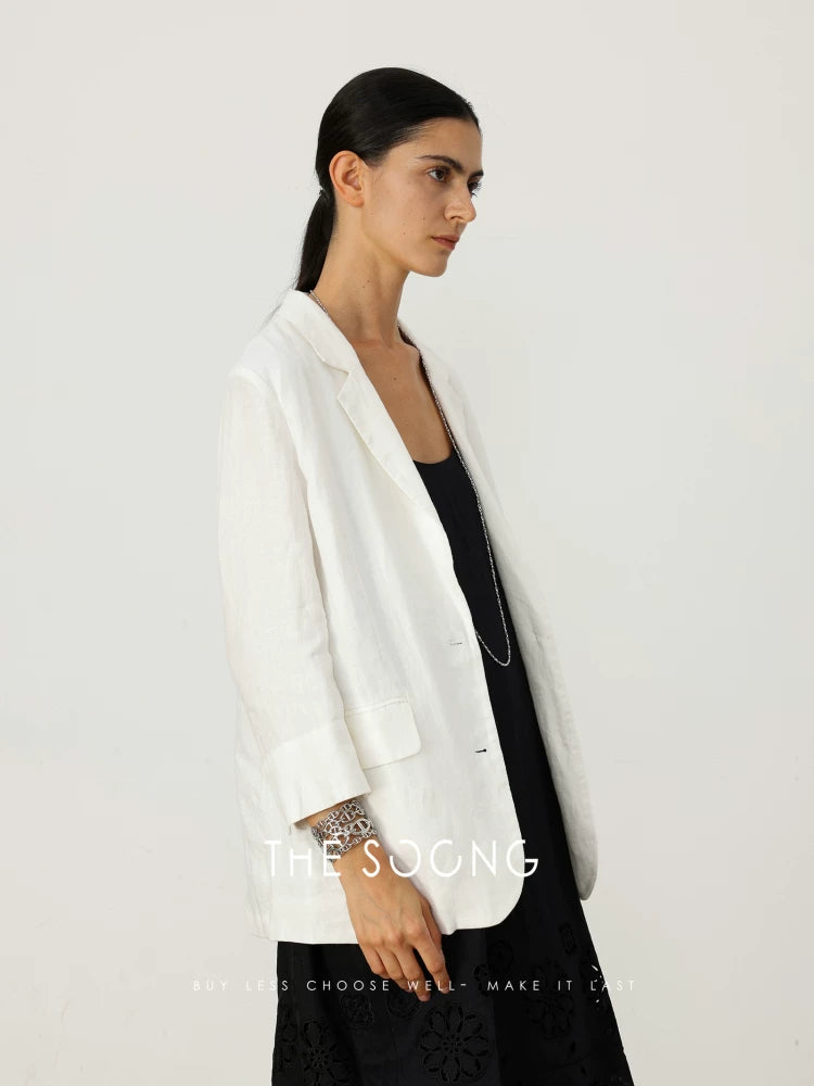 THESOONG/Cool-feel blazer summer pure natural linen naturally wrinkled texture three-quarter sleeve blazer for women 6652