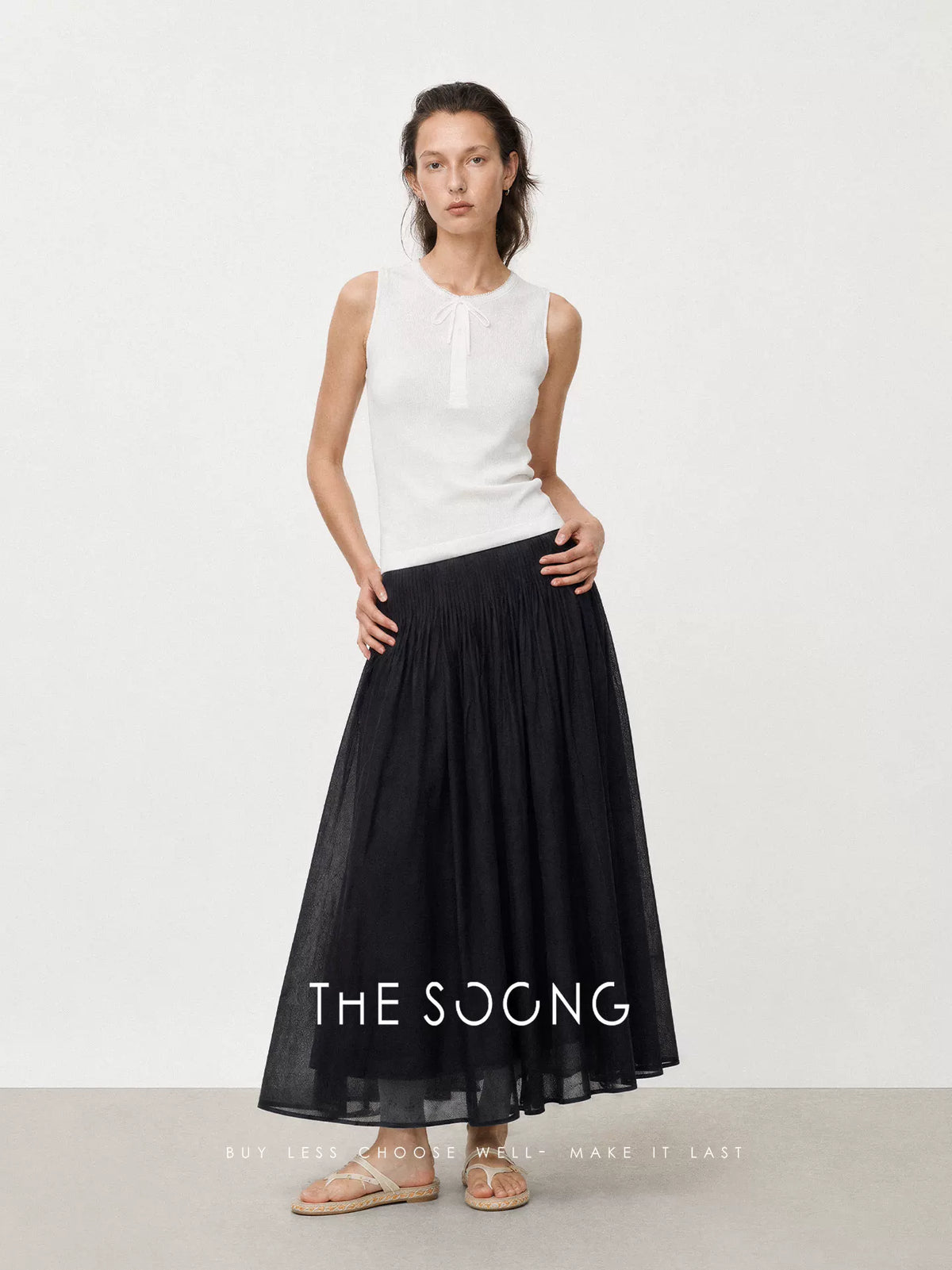 THESOONG/Light-feel texture natural soft ramie breathable high-density pleated slimming A-line skirt 9211