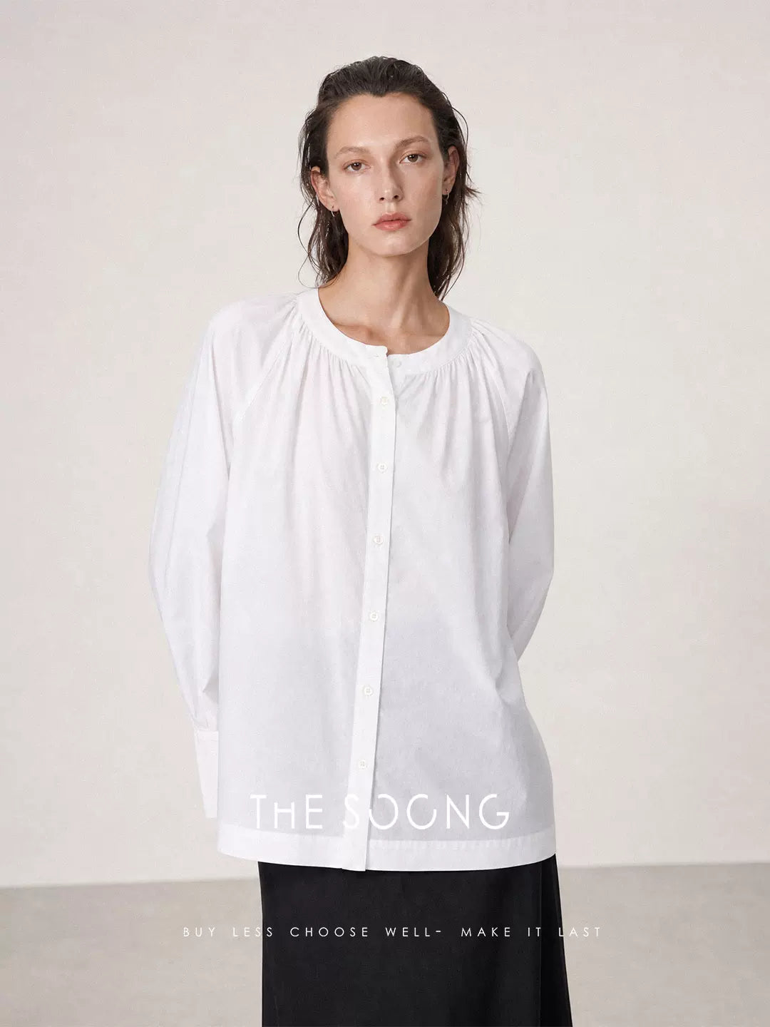 THESOONG/French romance imported 100% cotton poplin pleated summer round neck long sleeve shirt for women 9138