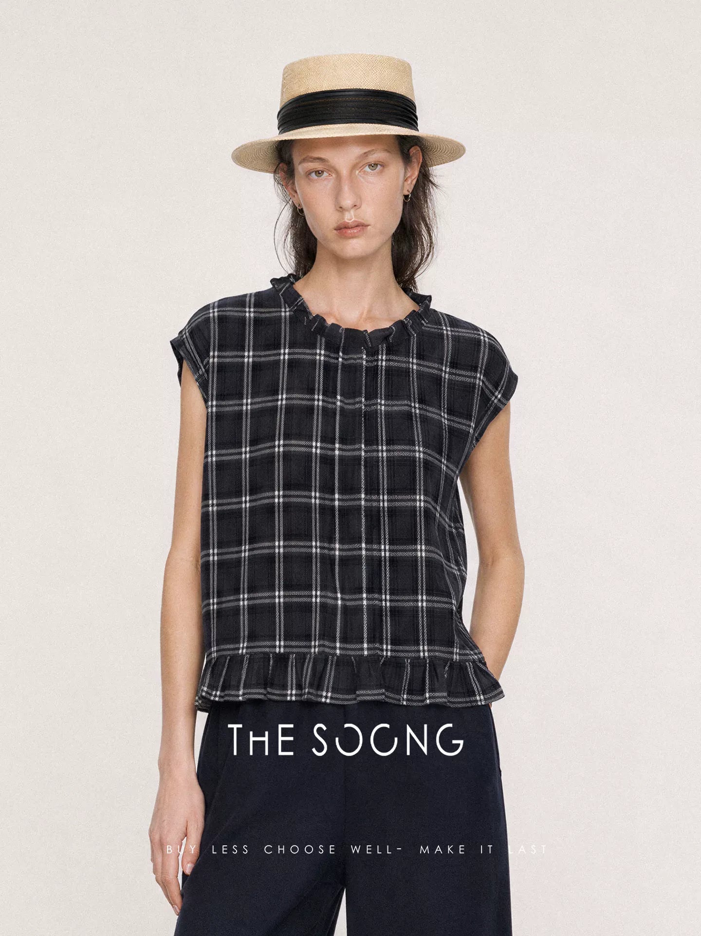 THESOONG/Yarn-Dyed Plaid Summer 100% Pure Cotton Wrinkled Split Double-Sided Vest Top for Women 9215