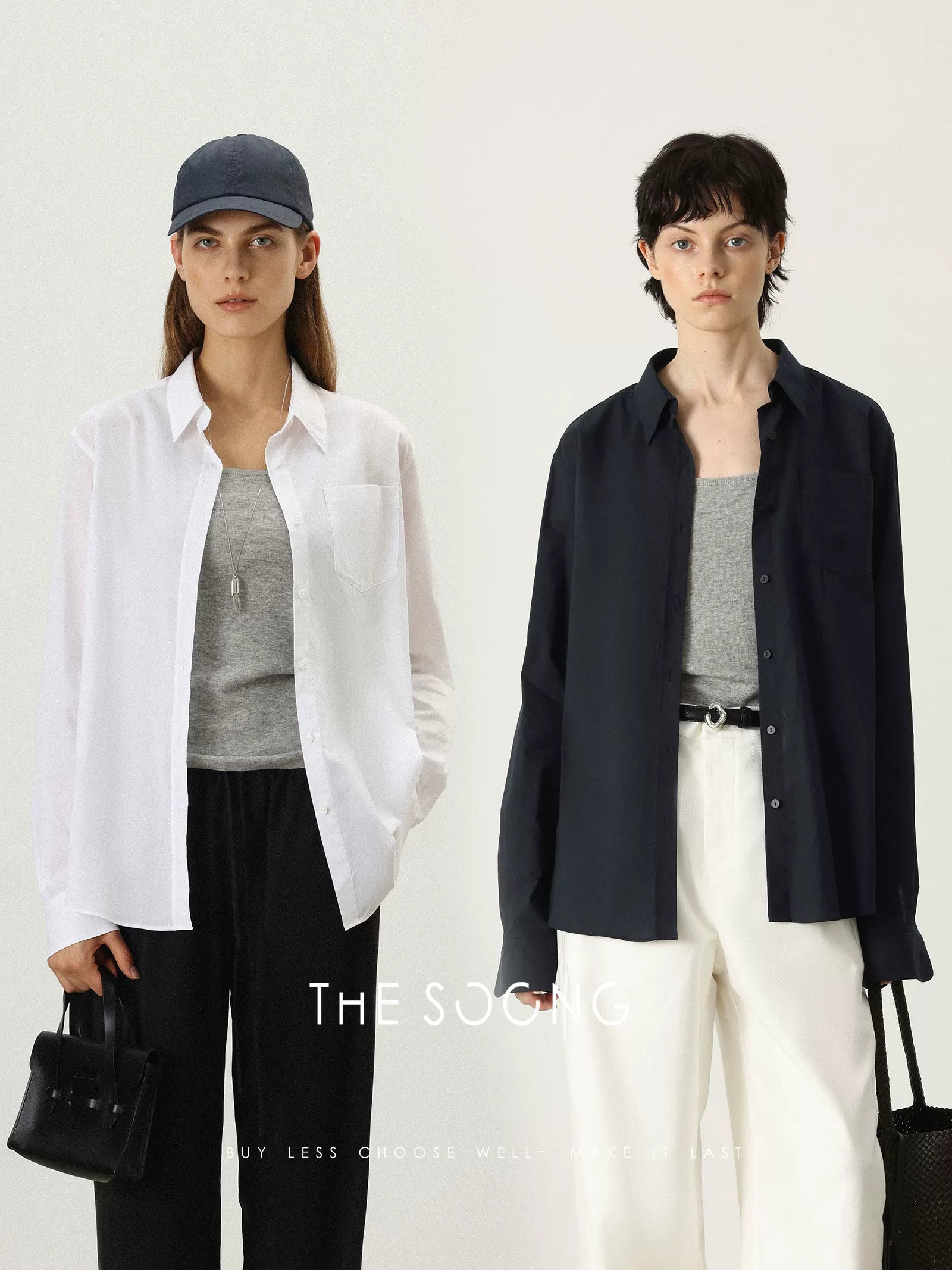 THESOONG/Minimalist Black and White Long Sleeve Shirt for Women 60S Cotton Soft Washed Collared Casual Top 7566