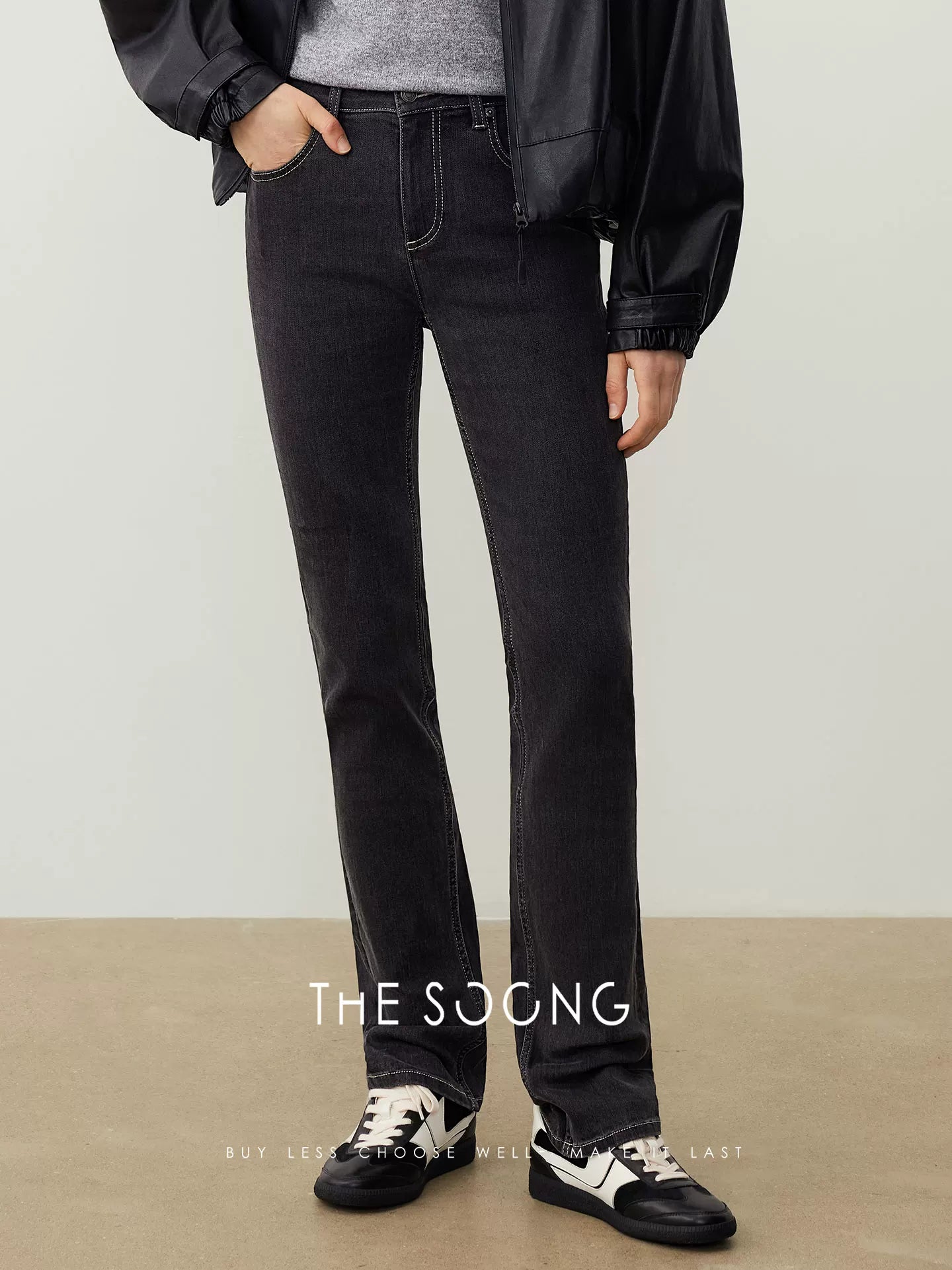 THESOONG/Black long straight slimming jeans for women, autumn versatile stretchy pants enhancing leg shape, slight flare skinny bootcut