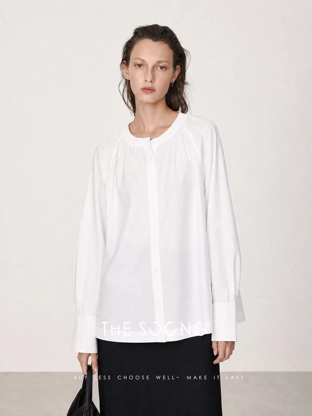THESOONG/French romance imported 100% cotton poplin pleated summer round neck long sleeve shirt for women 9138