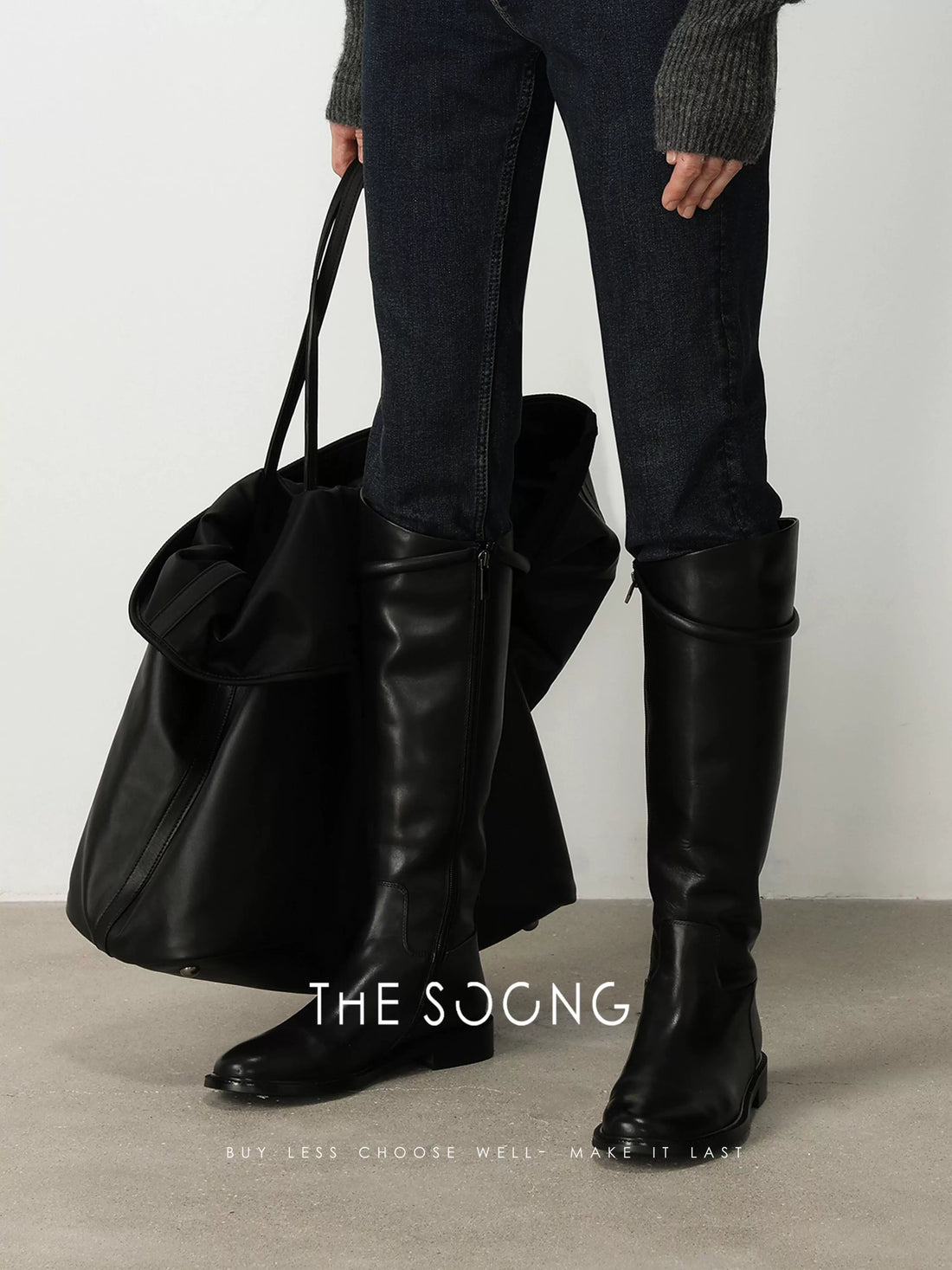 THESOONG / Calfskin High Boots Stylish Autumn and Winter Versatile Leg-Lengthening Round Toe Riding Boots for Women 6012