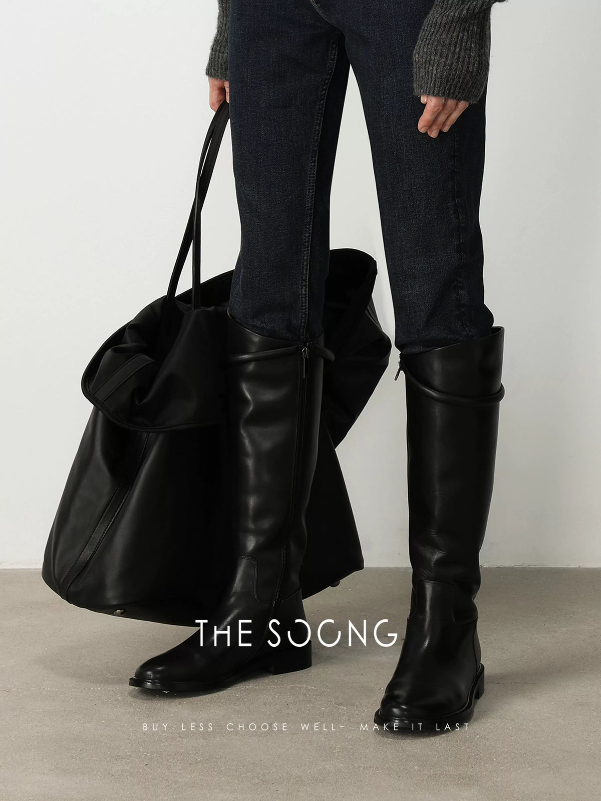 THESOONG / Calfskin High Boots Stylish Autumn and Winter Versatile Leg-Lengthening Round Toe Riding Boots for Women 6012