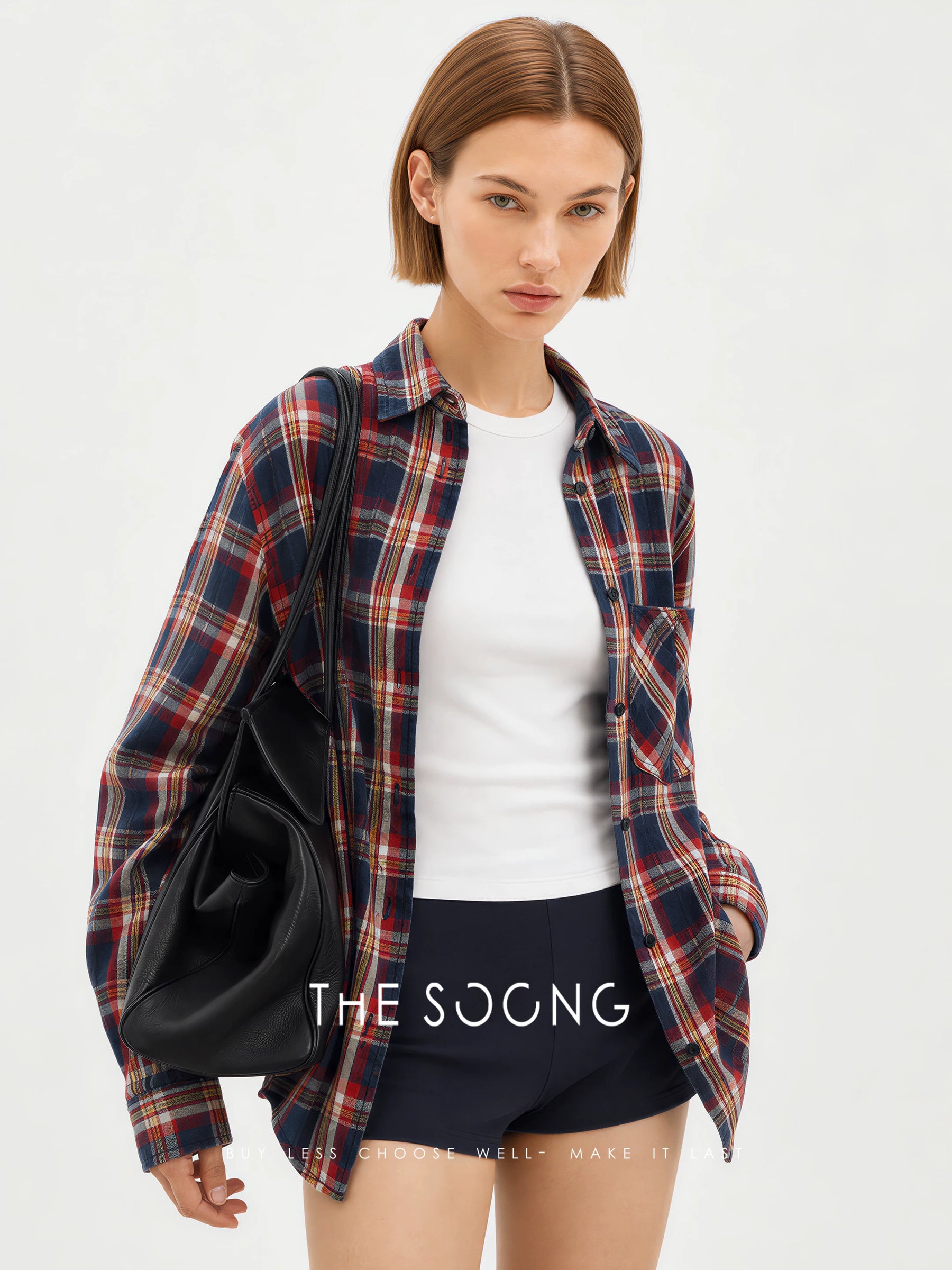 THESOONG/Nostalgic check color woven denim plaid heavy washed casual women's shirt 7740