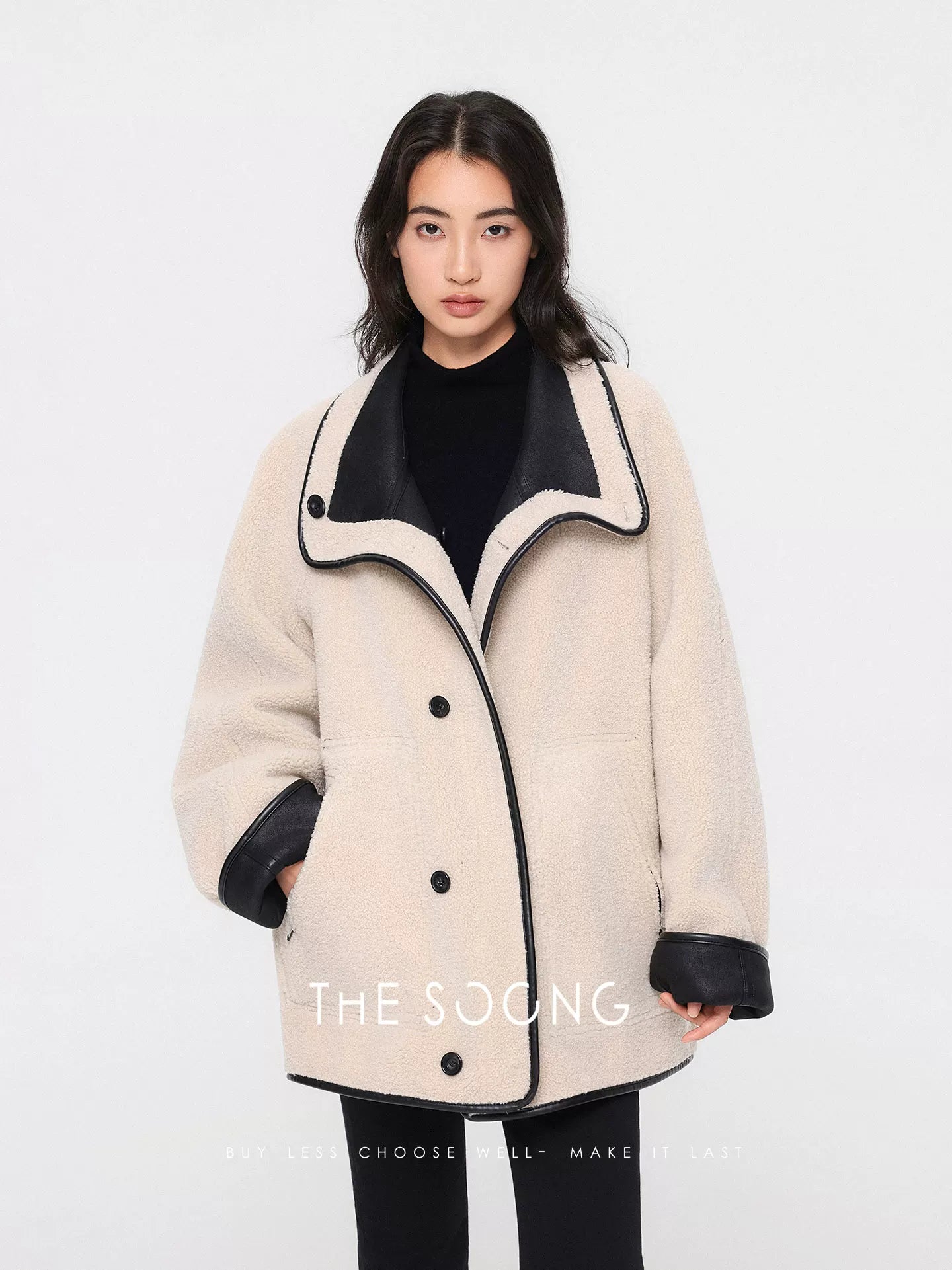 THESOONG/Crisp contours vintage high-density heat-locking leather textured hand-stitched toggle coat 7808
