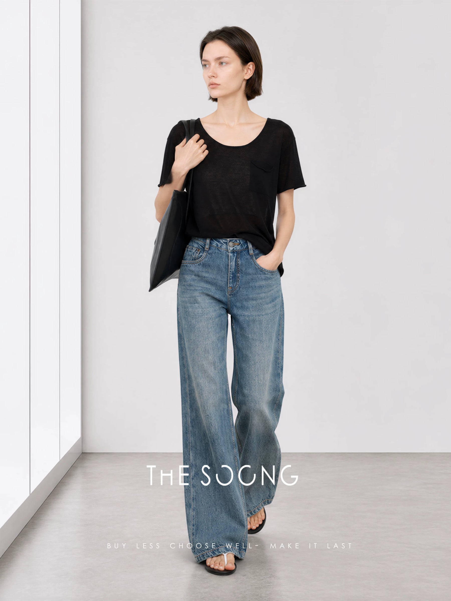 THESOONG/Classic Enzyme Washed Hand-Rubbed Cat Whisker Non-Stretch Mid-Waist Flared Jeans for Women 7325