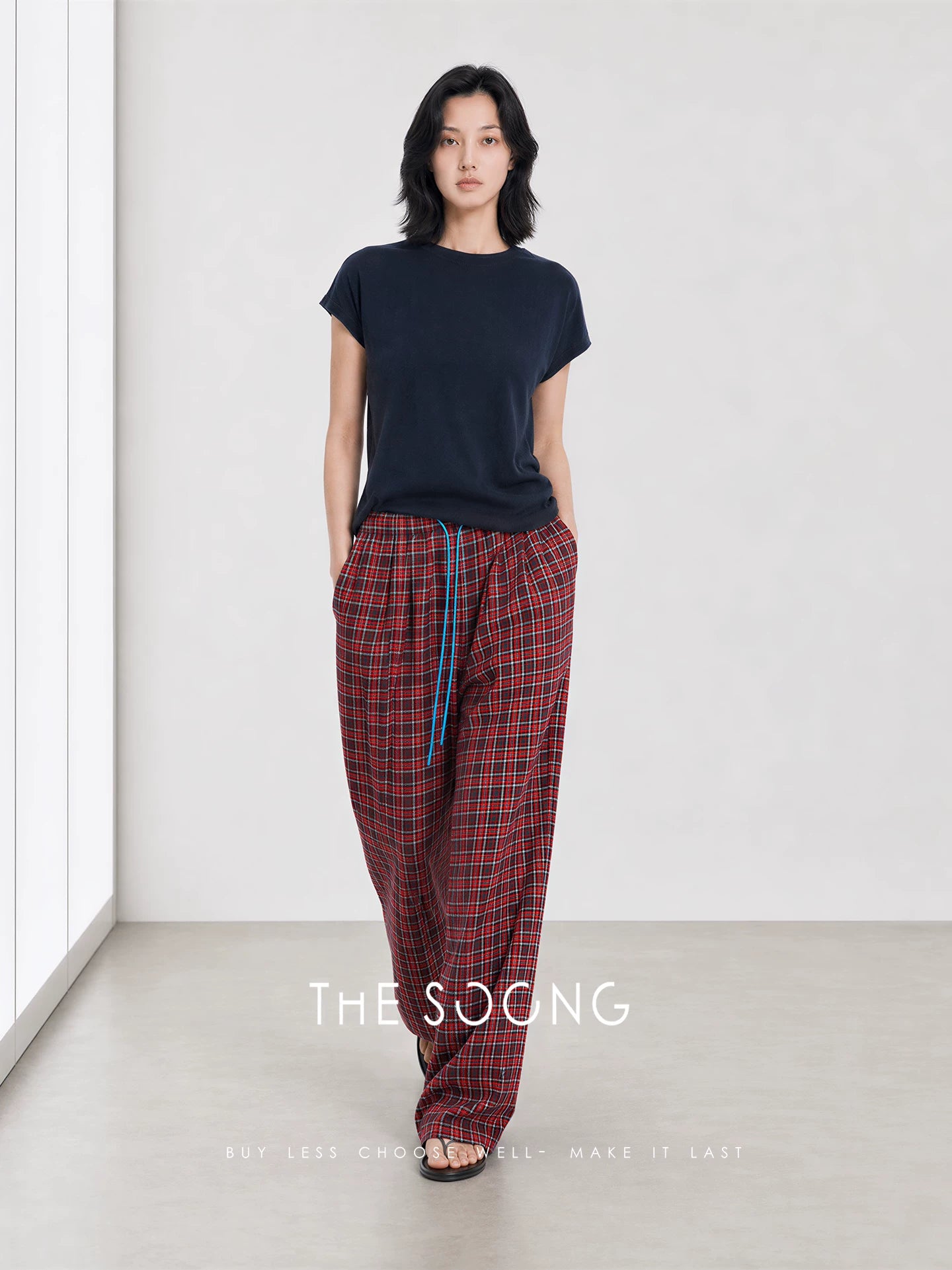 THESOONG/Lazy Holiday 100% Cotton Retro Plaid Elastic Waist Drawstring Straight Casual Pants 8451