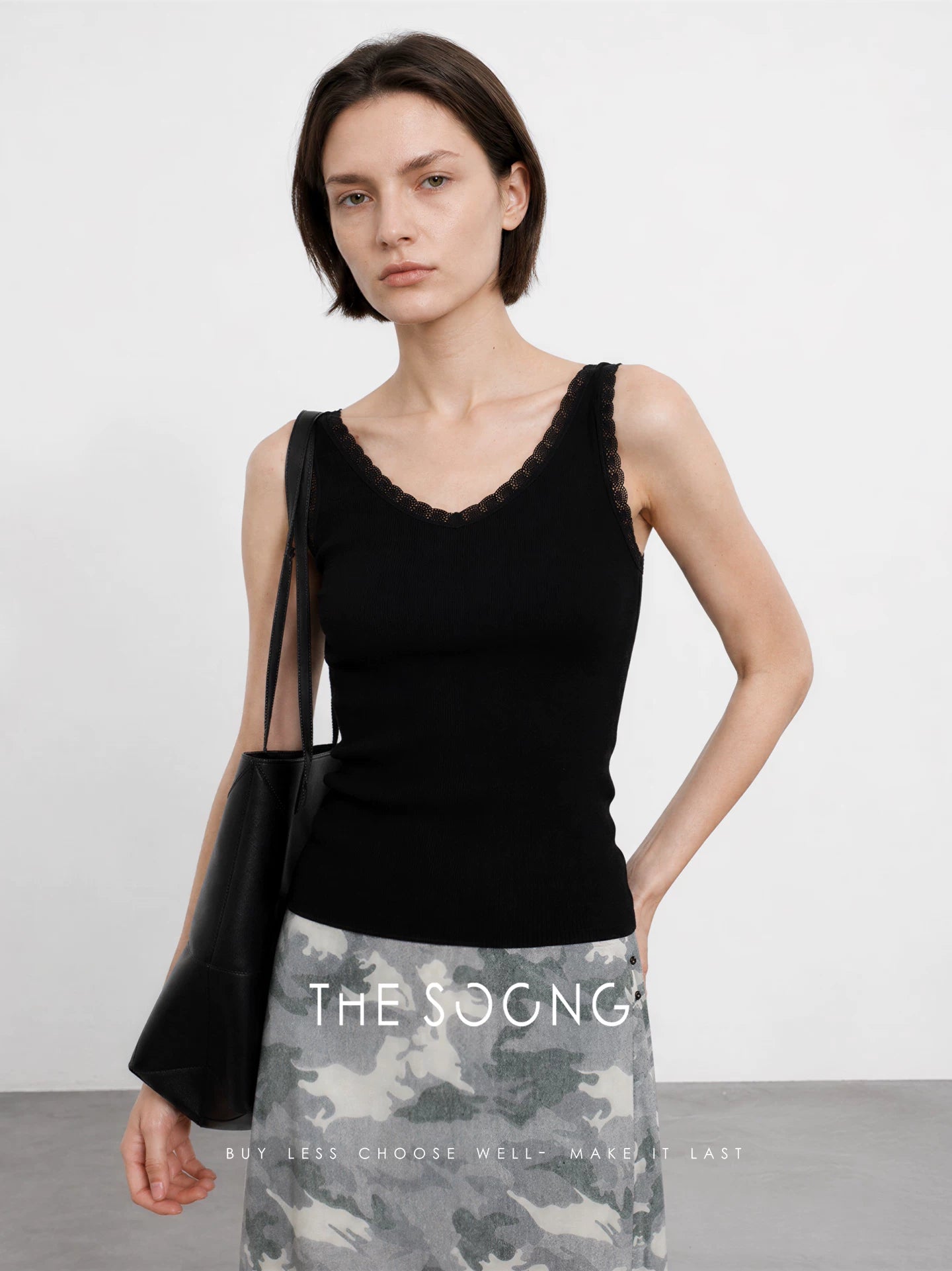 THESOONG/Lyocell Mulberry V-neck Fixed-Dye Lace Lace Groove Knit Camisole for Women 9404