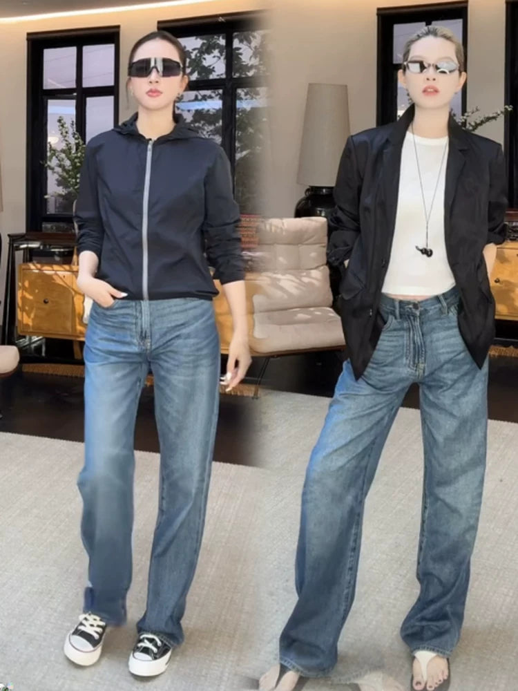 THESOONG/Acid Denim Three-in-One Blend Summer Thin Mid-Waist Zipper Straight-Leg Jeans for Women 8254