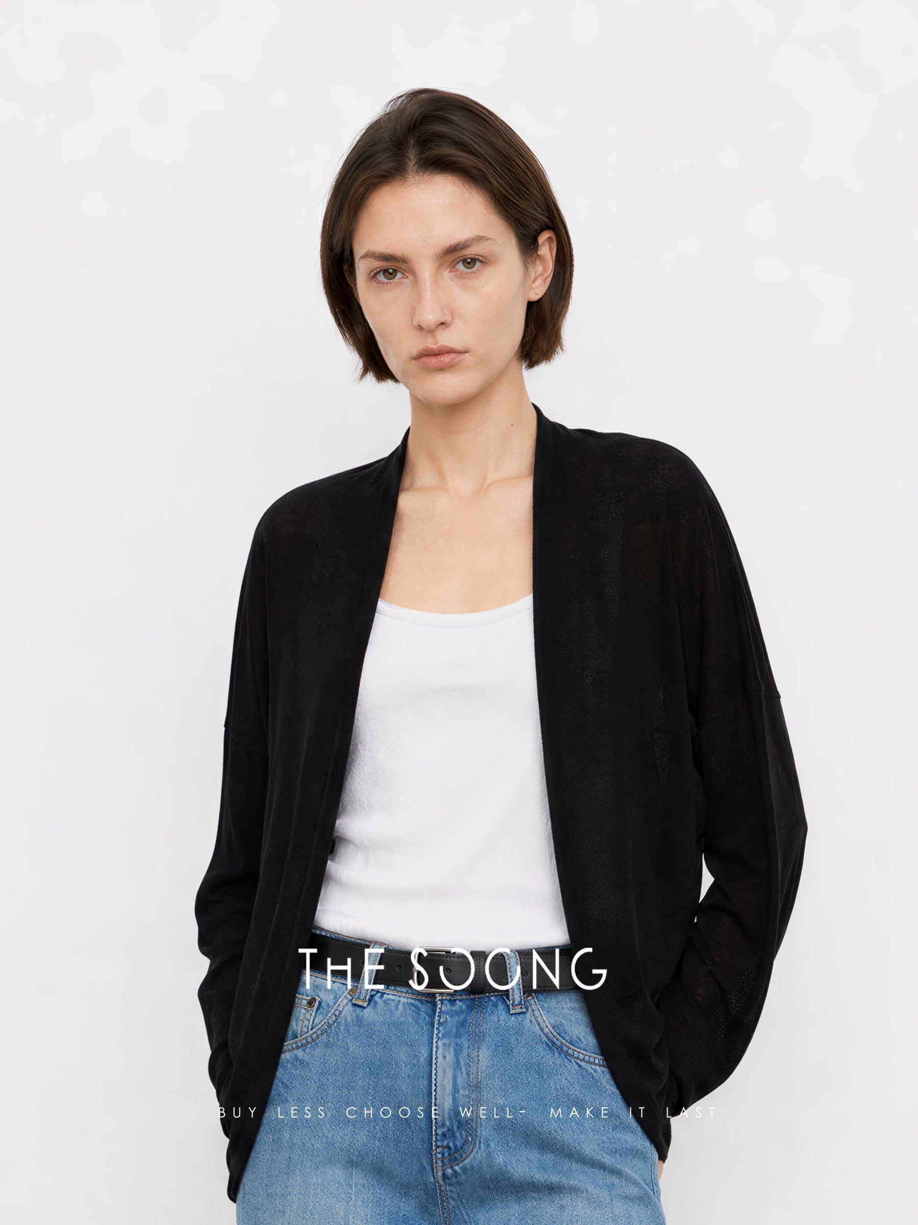 THESOONG/Soft Draped Collarless Knit Cardigan Women Lyocell Linen Thin Top HWCS9329