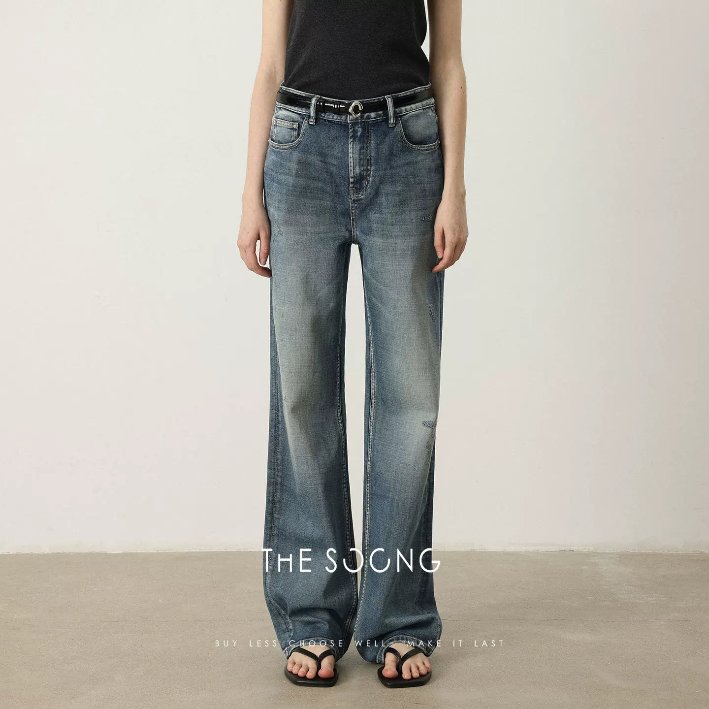 THESOONG / Italian Imported Denim Fabric Full Wash Sanded Cat Whisker Texture Jeans 7206