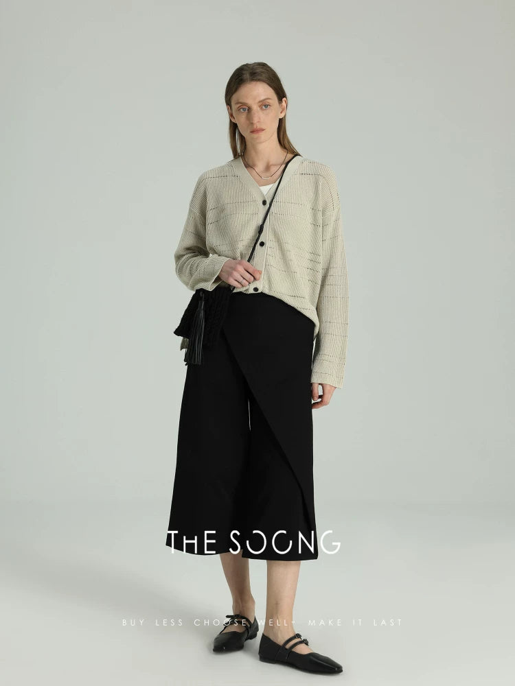 THESOONG/Leisure Time, Lyocell Hollow Ribbed V-Neck Dropped Shoulder Cardigan Jacket 6487