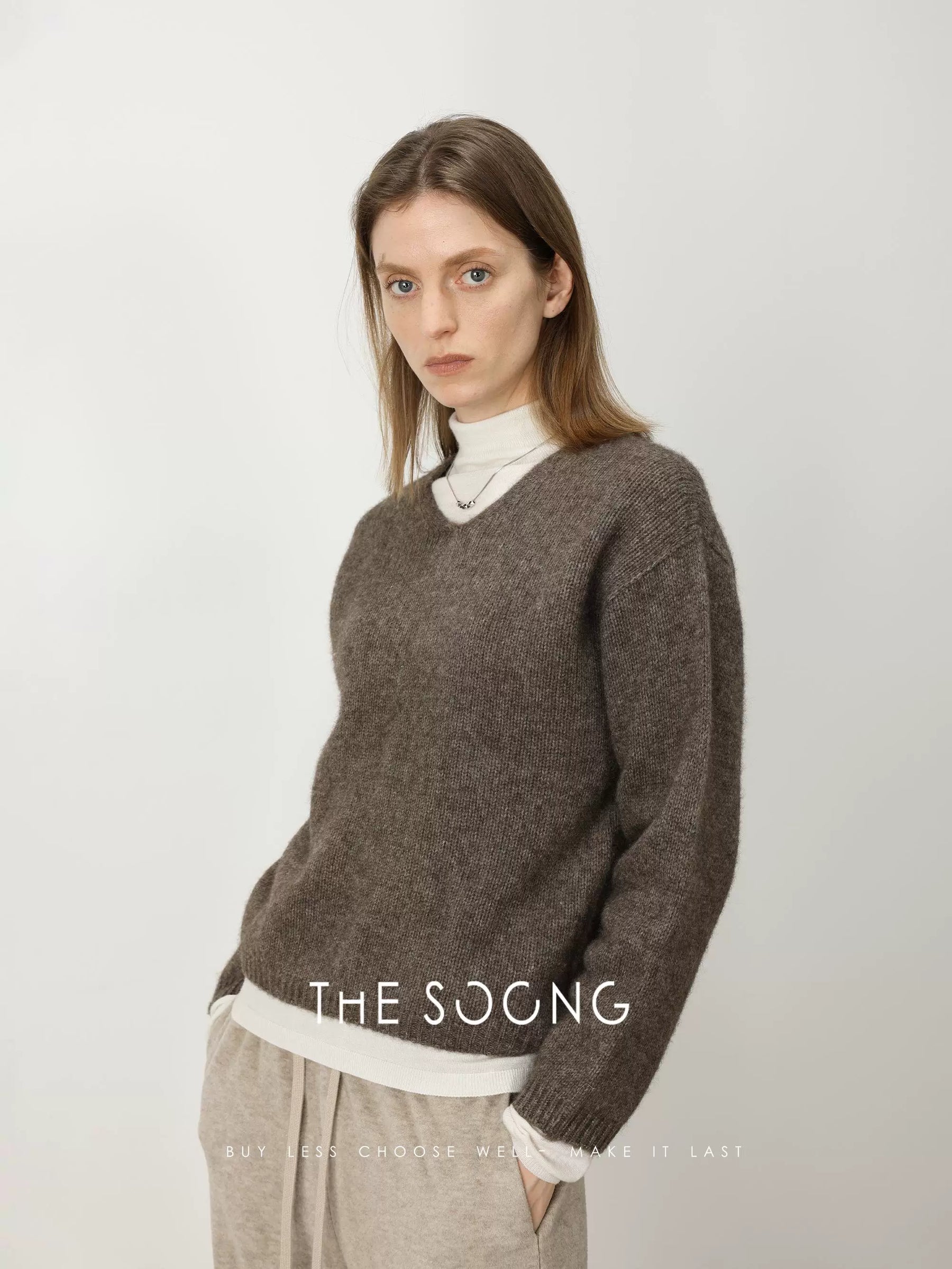 THESOONG/Selected Natural Yak Wool German Imported Seamless One-Piece Knitted Drop Shoulder Casual V-Neck Sweater for Women