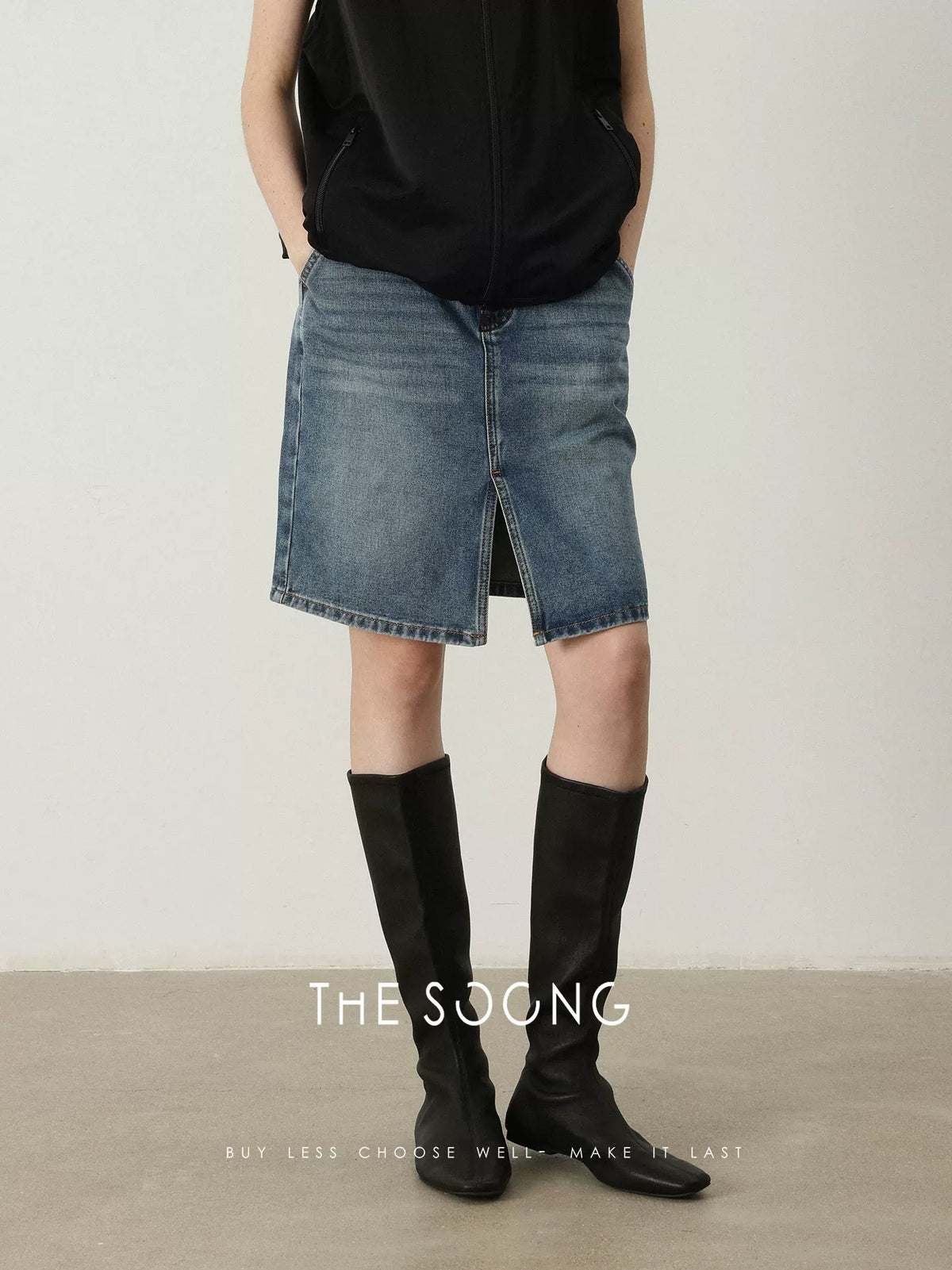 THESOONG/Natural Denim Lightweight 11.3oz Washed Faded Texture Retro Denim Skirt 6843