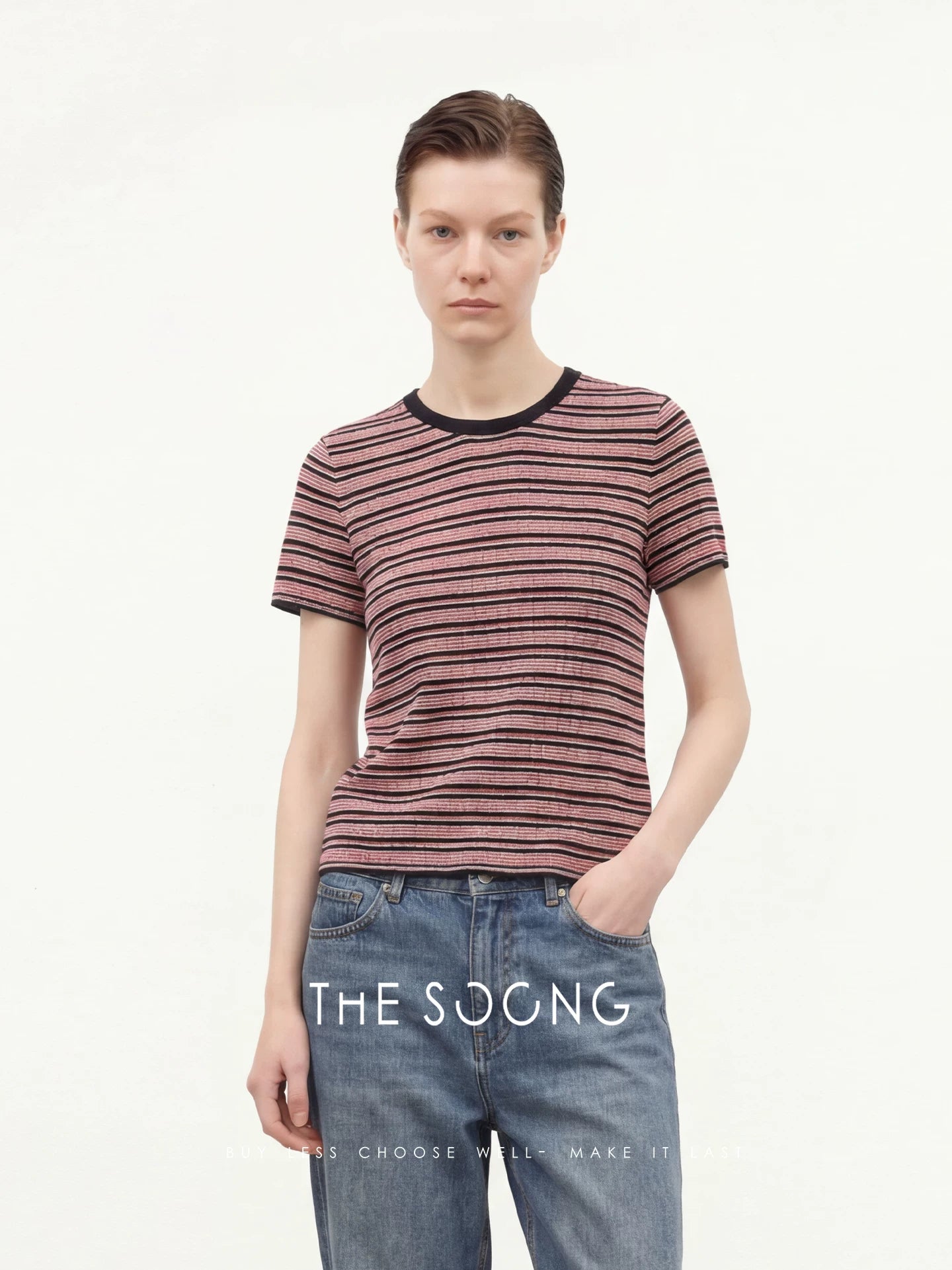 THESOONG/Comfortable Feel Fine Stripe Knit Round Neck Short Sleeve T-Shirt, High Elastic Wrinkle-Resistant Top, Women 8881