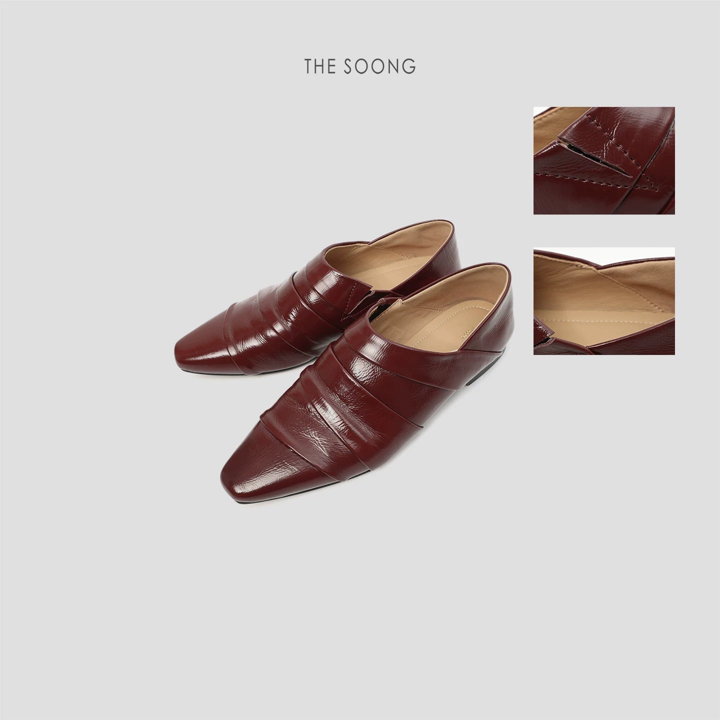 THESOONG / Vintage Pure Sheepskin Multi-Layer Fold Soft Shiny Square-Toe Leather Shoes 7736