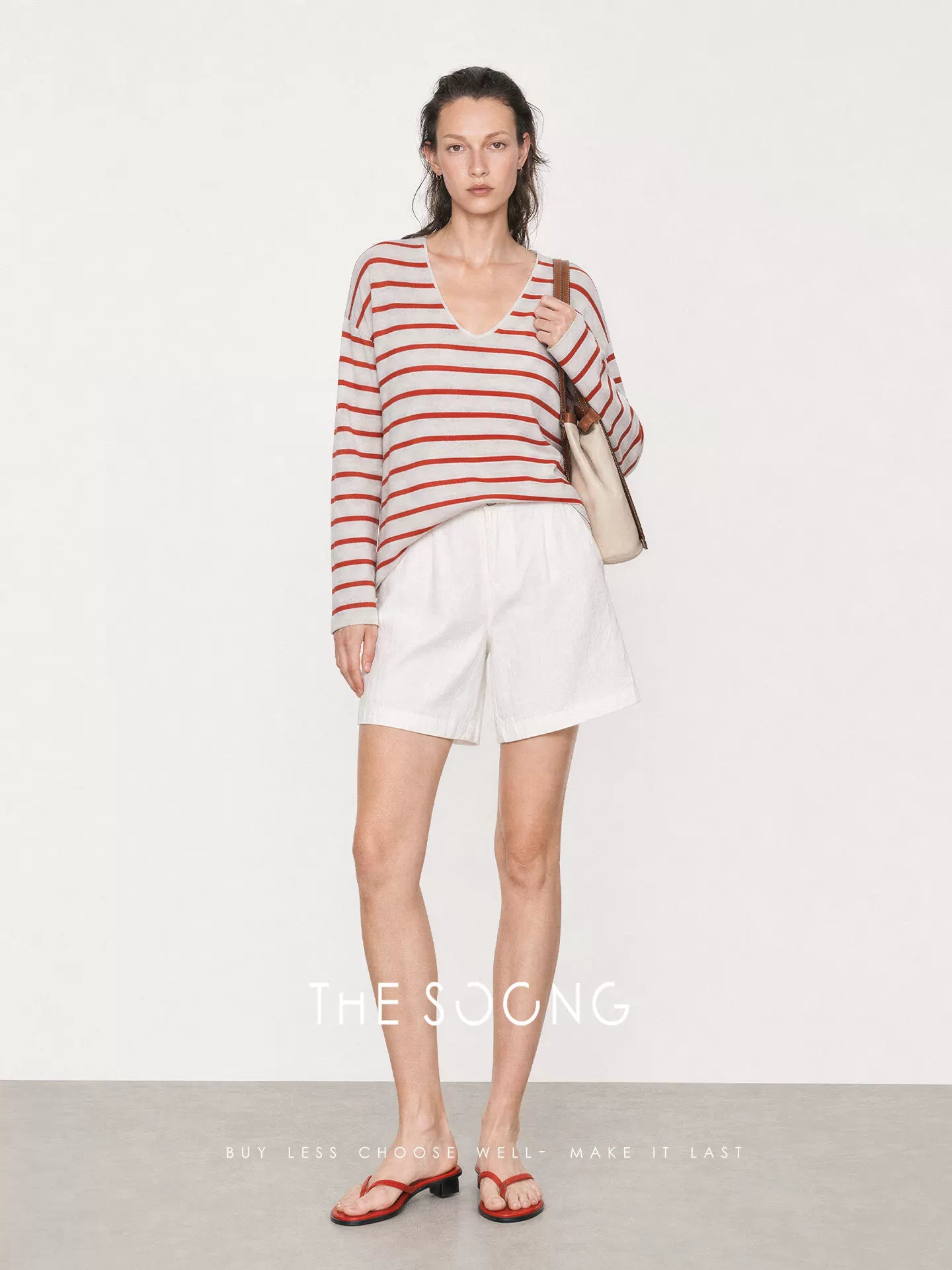 THESOONG/French Lazy Linen Blend V-Neck Striped Loose Breathable Thin Knitwear Jacket for Women 9127