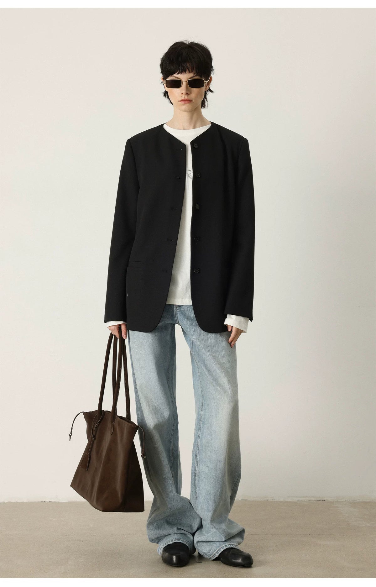 THESOONG / Minimal Origin Wool Finely Tailored Hand-sewn Buttonless Women's Collarless Blazer 7467