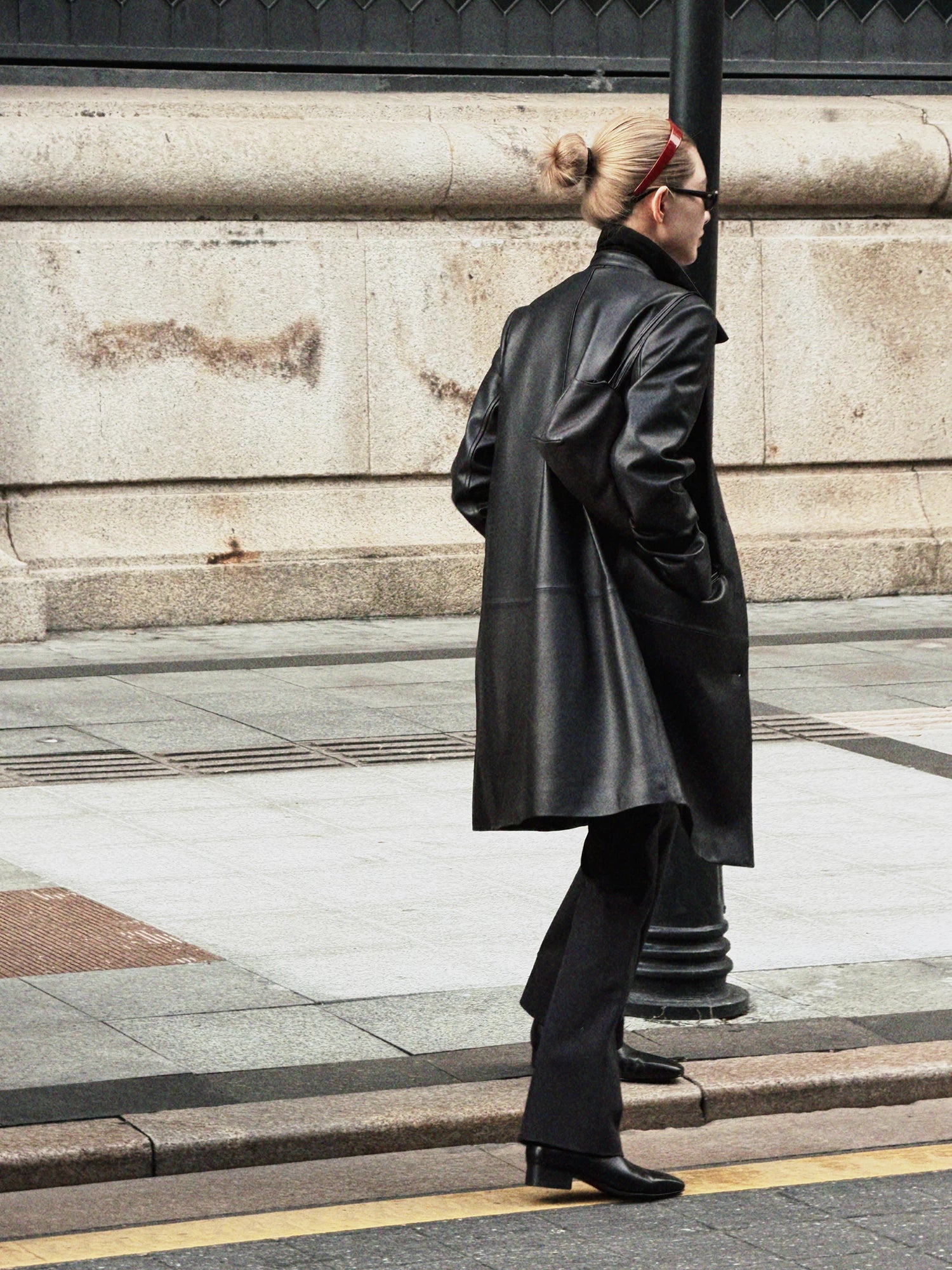THESOONG / Very Cool Spain Imported Classic Texture Mid-Length No-Pad Shoulder Leather Jacket for Women 9117