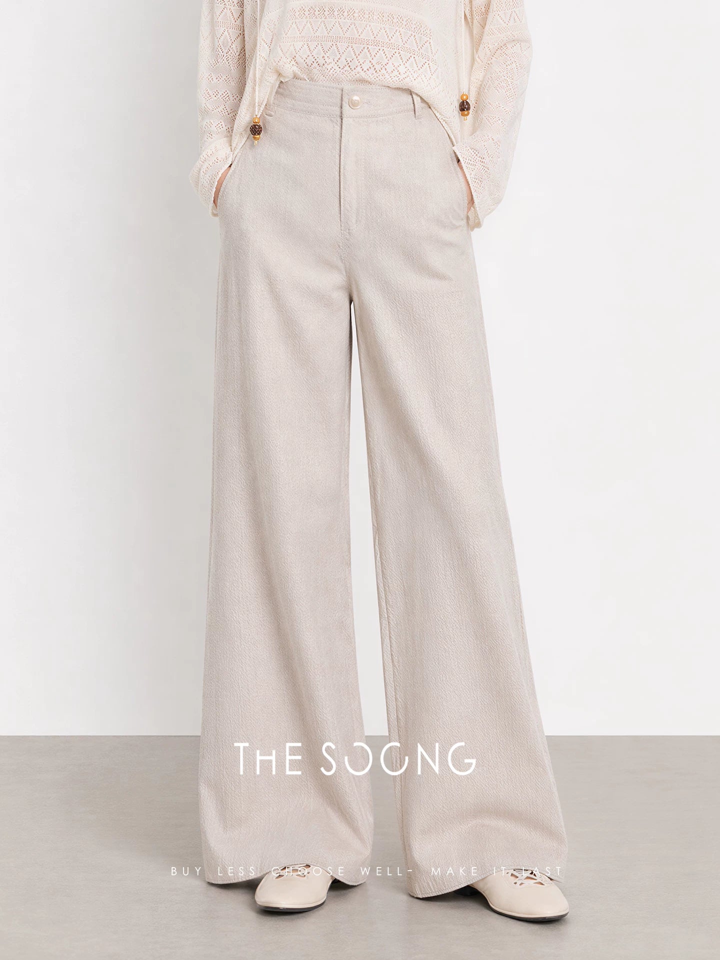 THESOONG/Neat aesthetics spring-summer women's hemp-cotton structured non-stretch mid-waist casual pants 8277