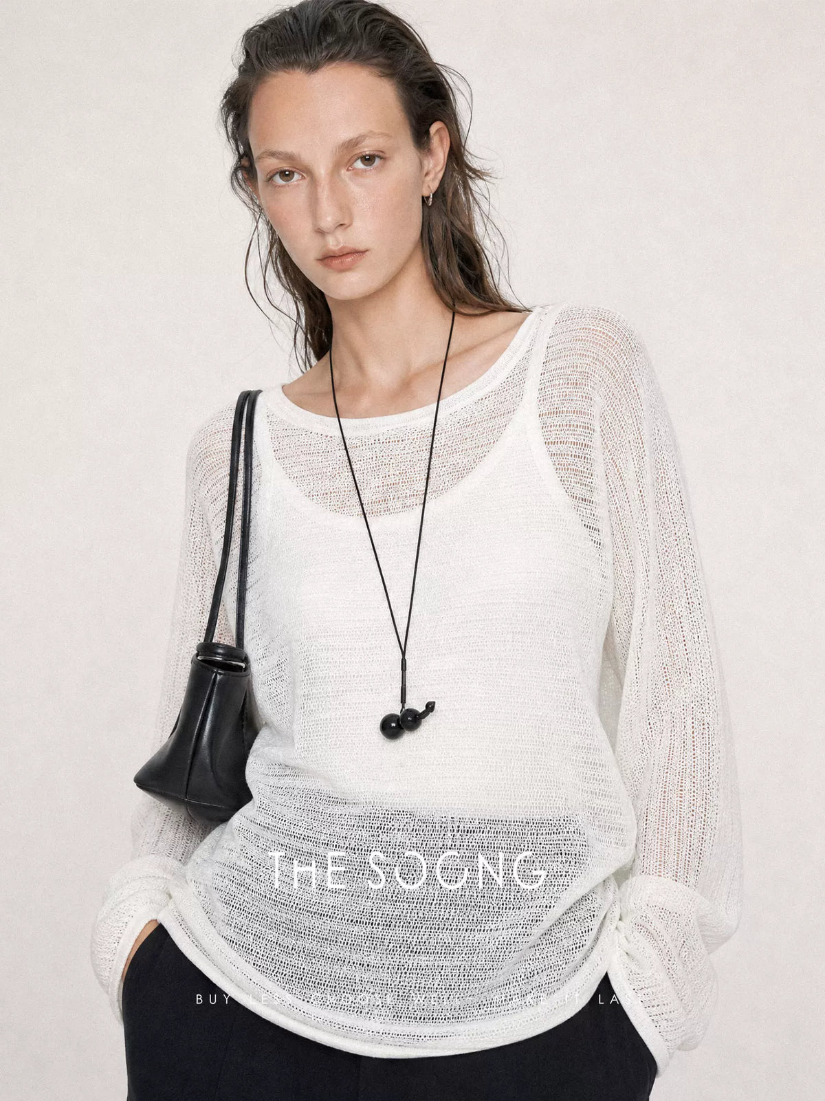 THESOONG/Breathable Texture Summer Linen Tencel Blend Hollow Long-Sleeve Sun-Protective Knit Shirt for Women 9120