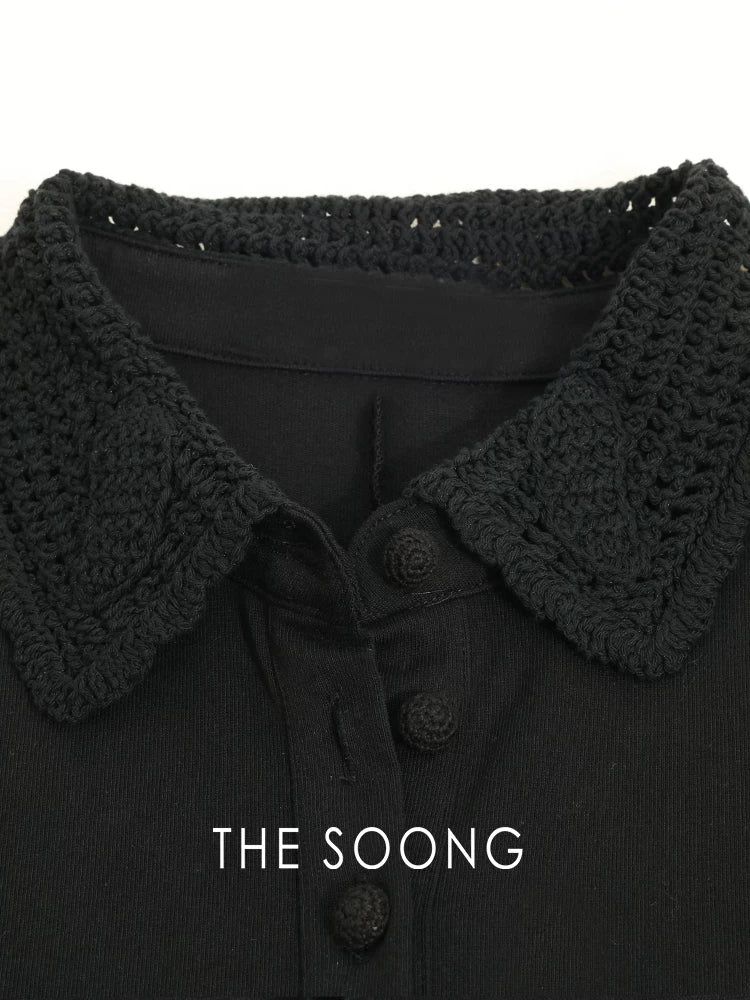 THESOONG/270g Pure Cotton Crochet Polo Collar Simple Dress for Women, Straight Loose Slim Fit HWQZ9330