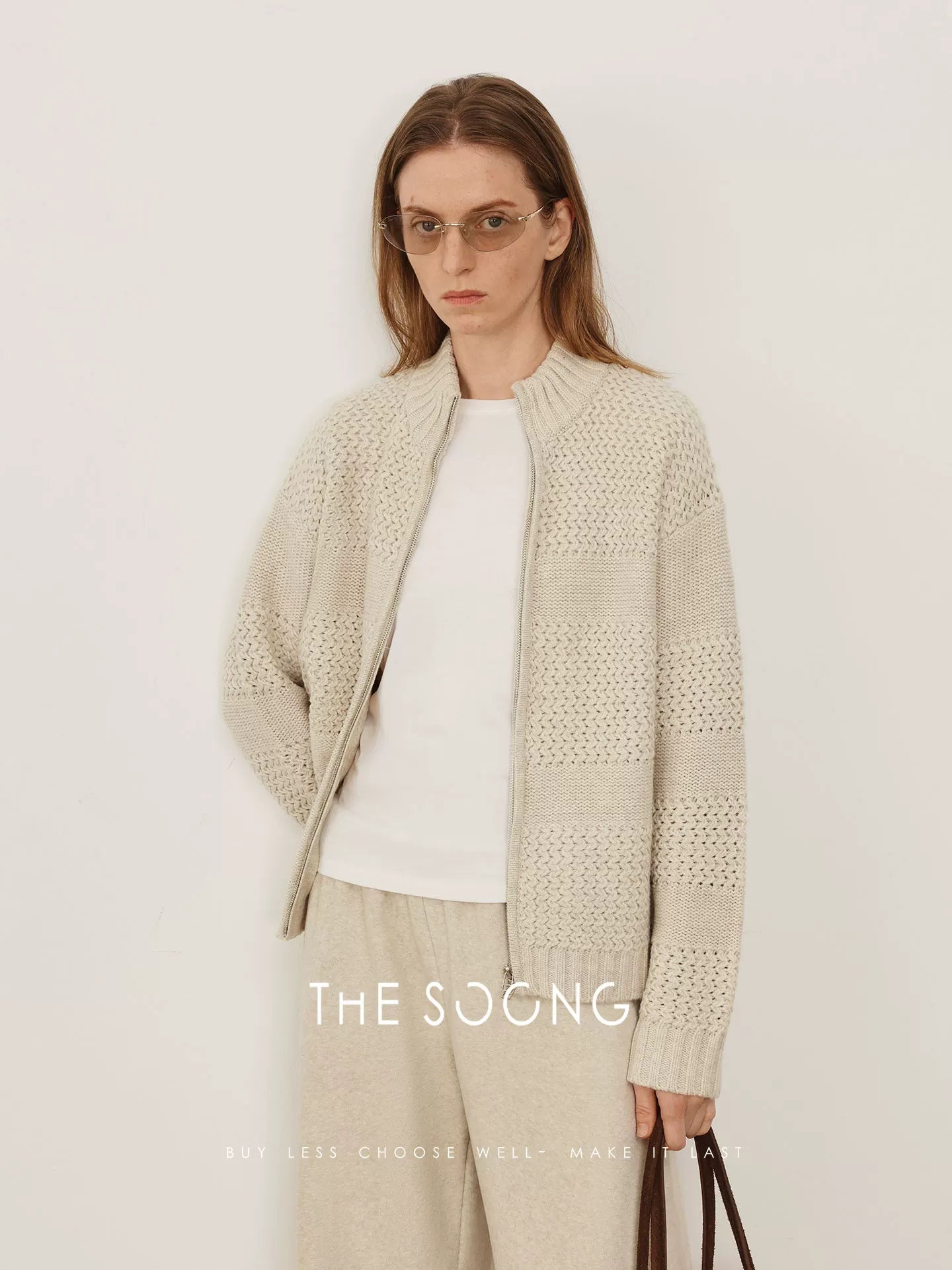 THESOONG/Visual Luxury Feel, Multiple Needle Interwoven Delicate Texture Round Neck Wool Sweater Jacket, Women 7982