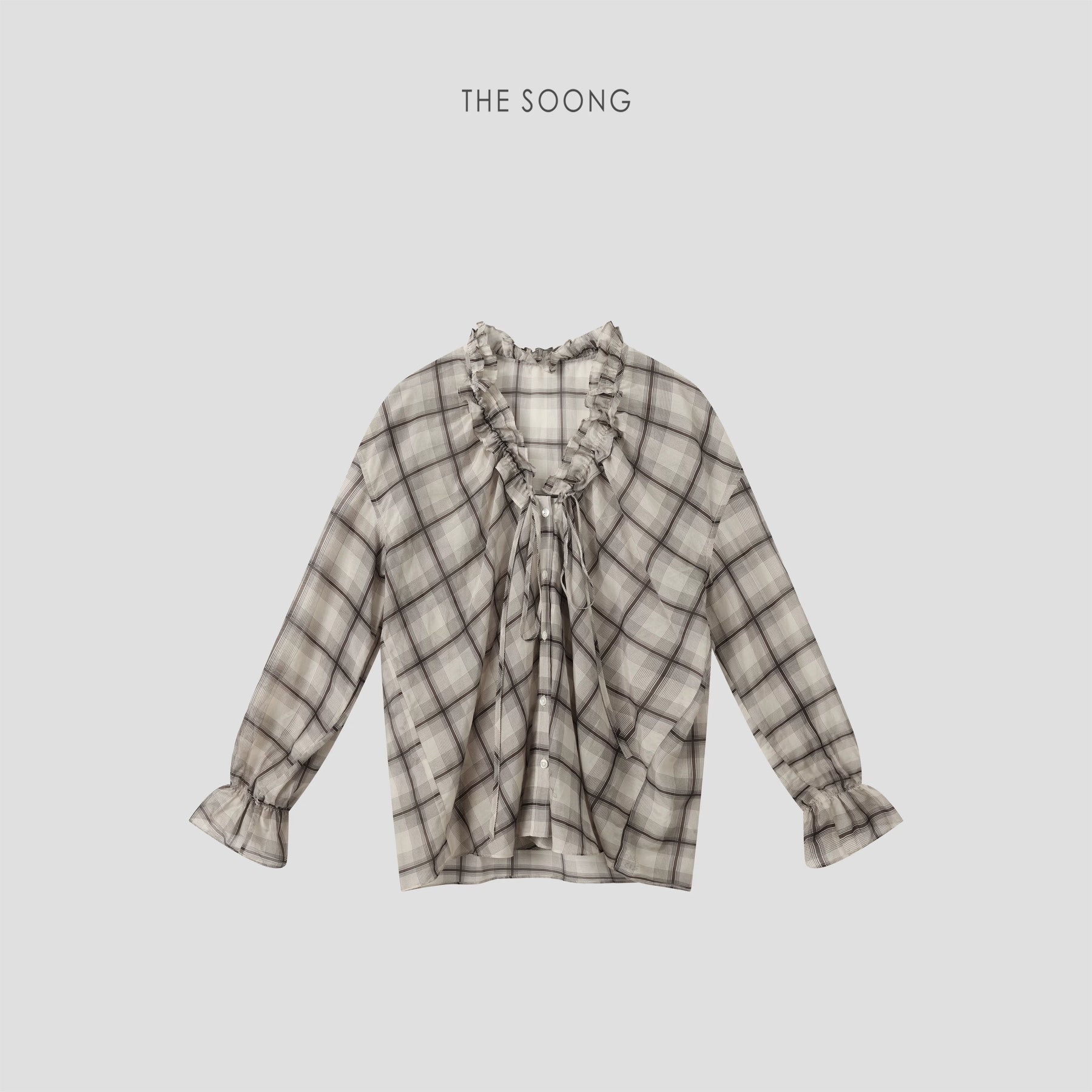 THESOONG/Gradient Plaid Mulberry Silk Cotton Skin-Friendly Soft Ruffled Collar Color-Contrast Thin Plaid Shirt 8667