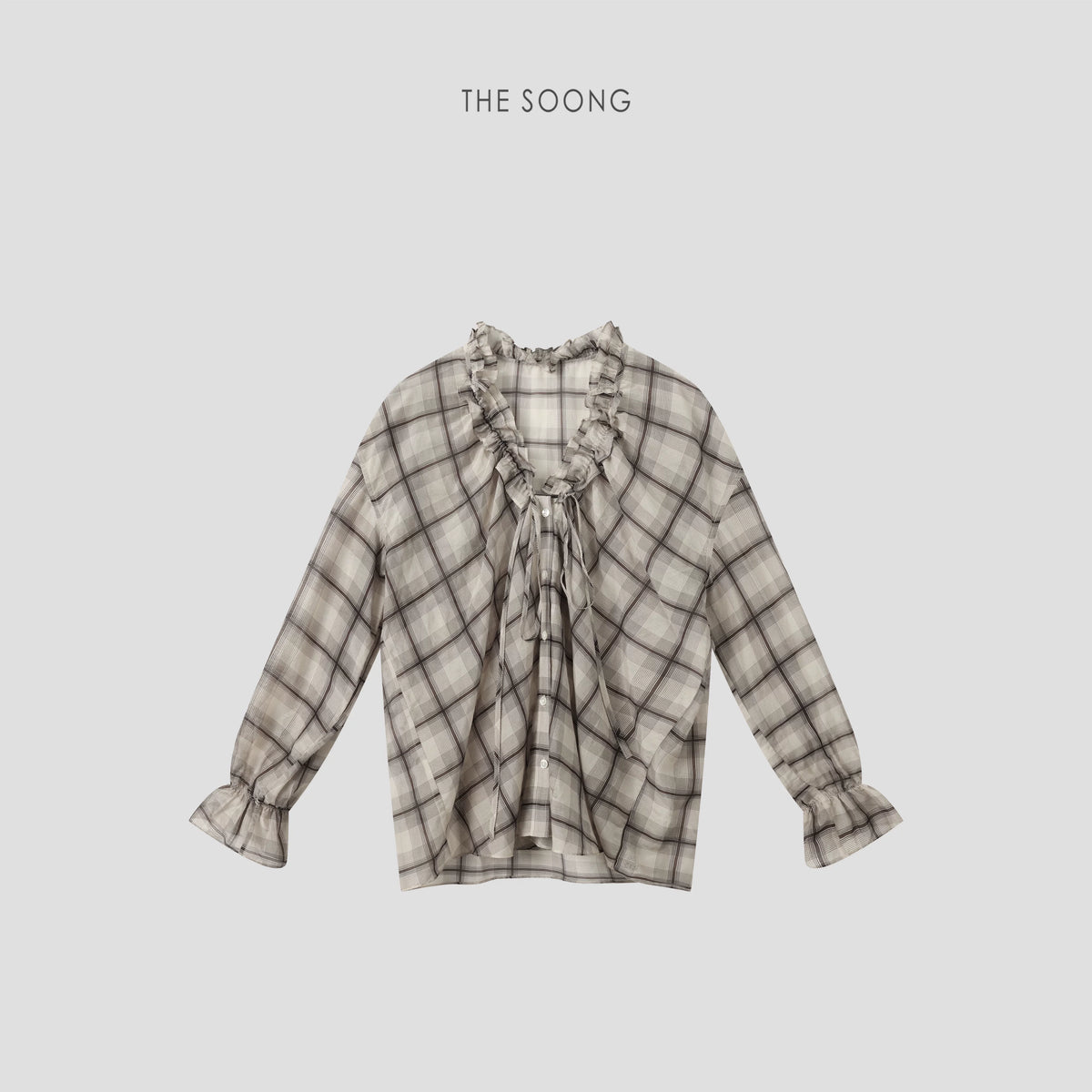 THESOONG/Gradient Plaid Mulberry Silk Cotton Skin-Friendly Soft Ruffled Collar Color-Contrast Thin Plaid Shirt 8667