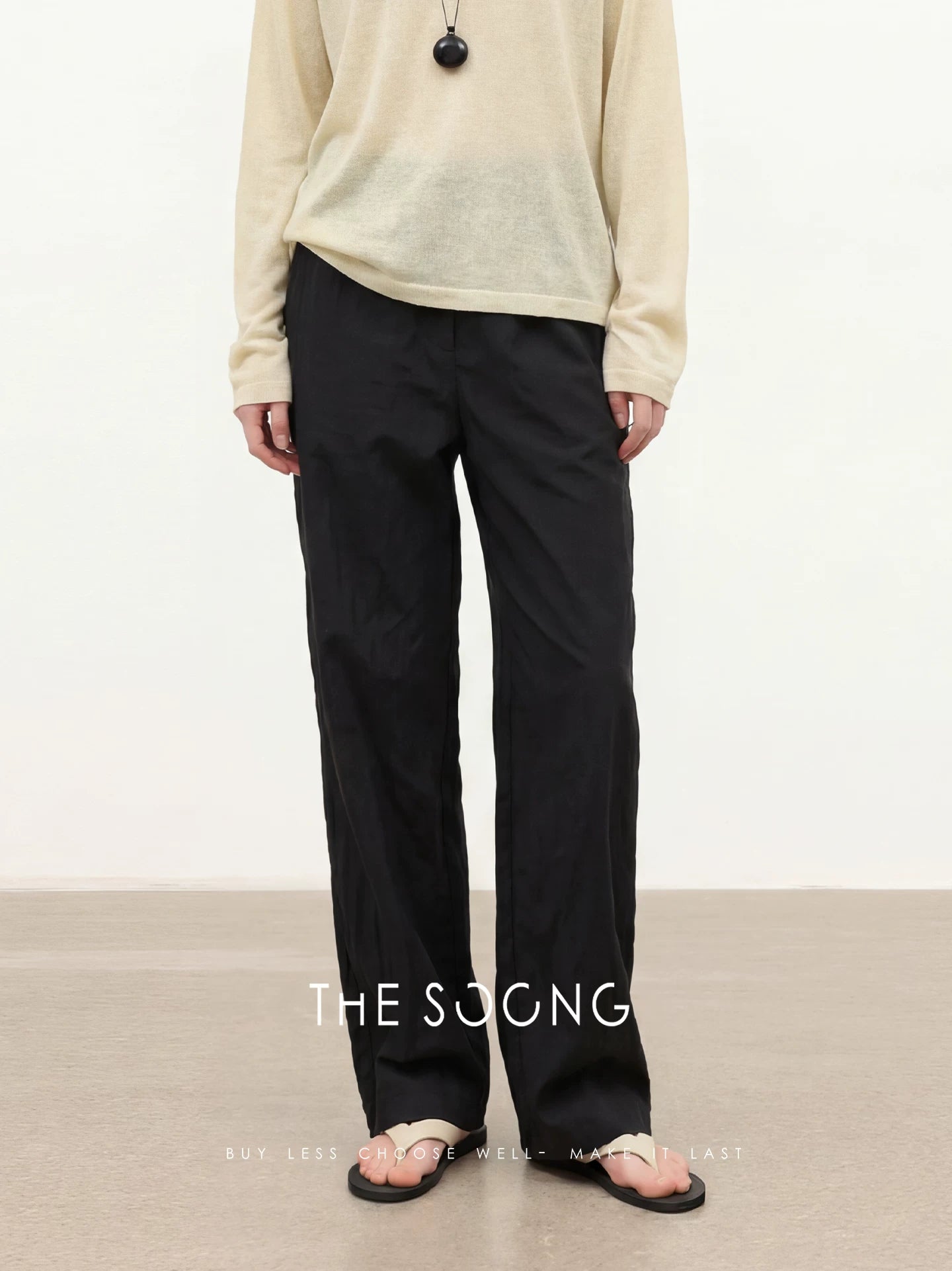 THESOONG/Textured Feel Cotton-Blend with Metallic Thread Slightly Curved Wide-Leg Casual Pants for Women 8750