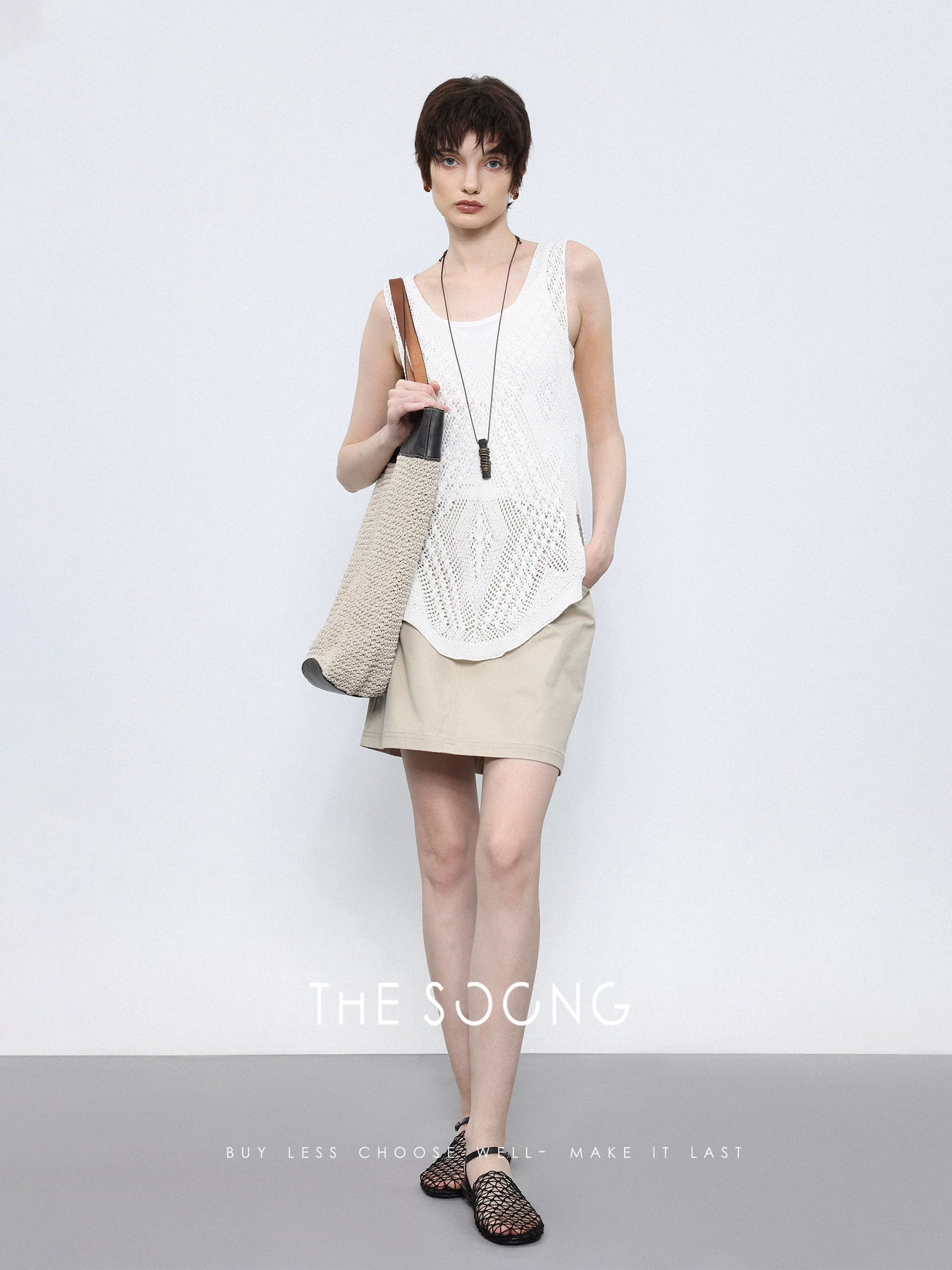 THESOONG/Hollow Aesthetic Cedar hemp yarn shell flower women's camisole 4305